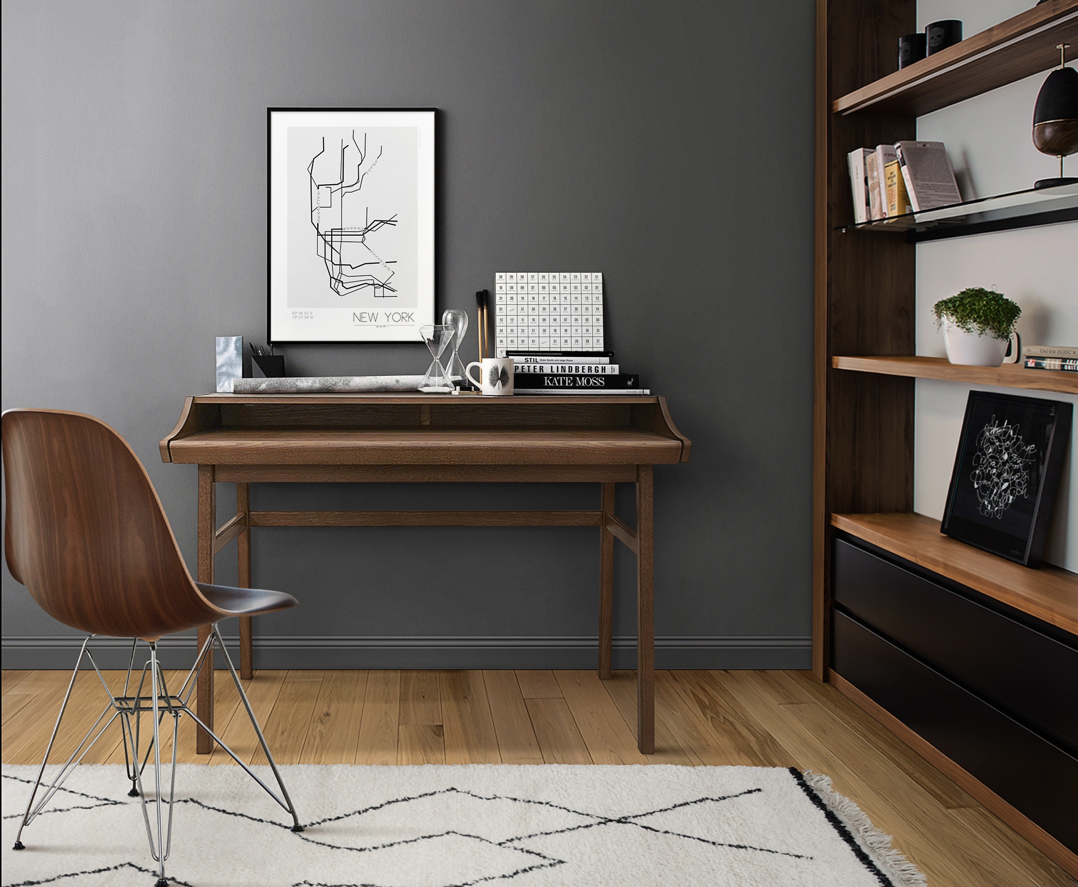 Woodman Schreibtisch »Carteret«, edles Holzfurnier aus Nussbaum, Gestell Massivholz, Breite 115 cm