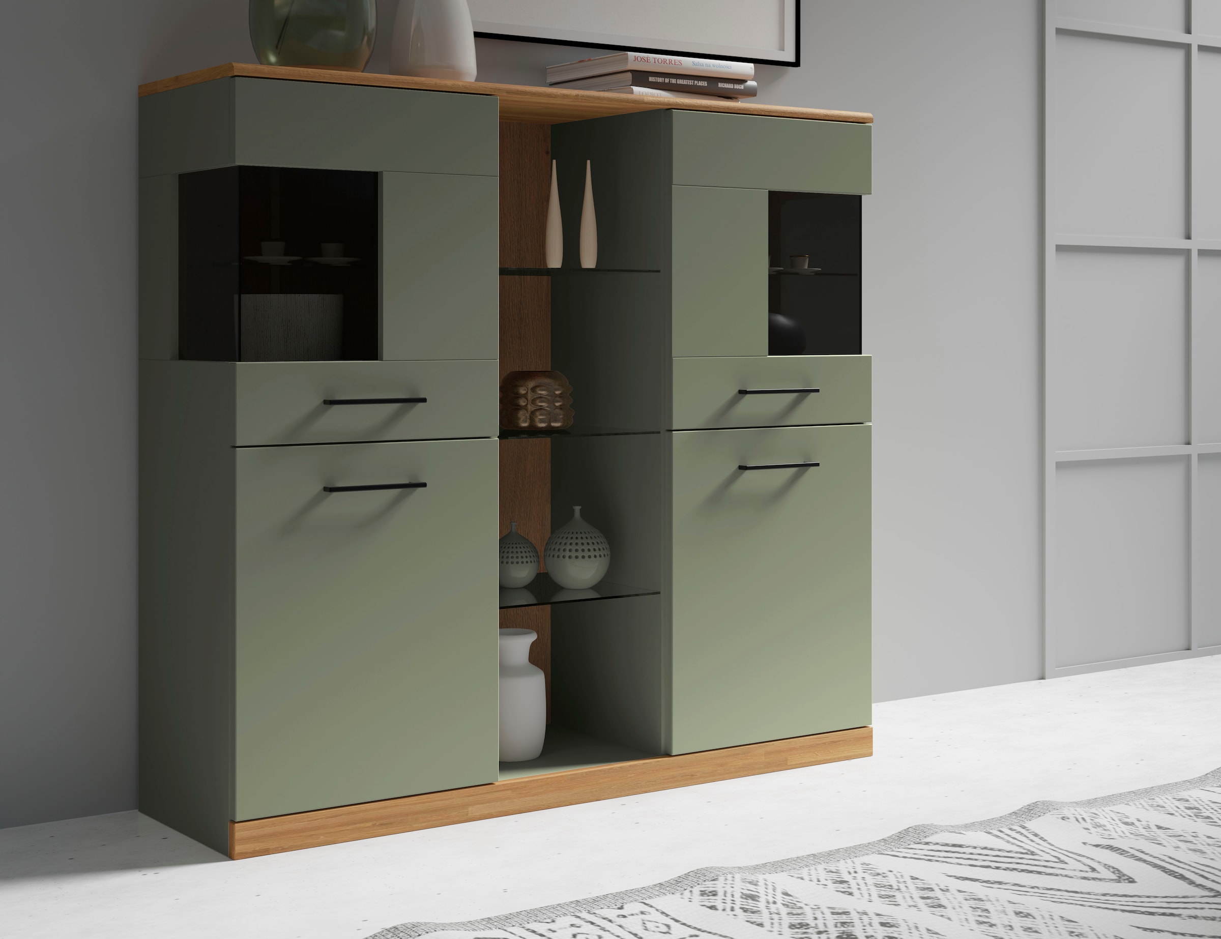Home affaire Highboard »Ribe,120cm breit,112cm hoch,Oberplatte massiv,12 Fä günstig online kaufen