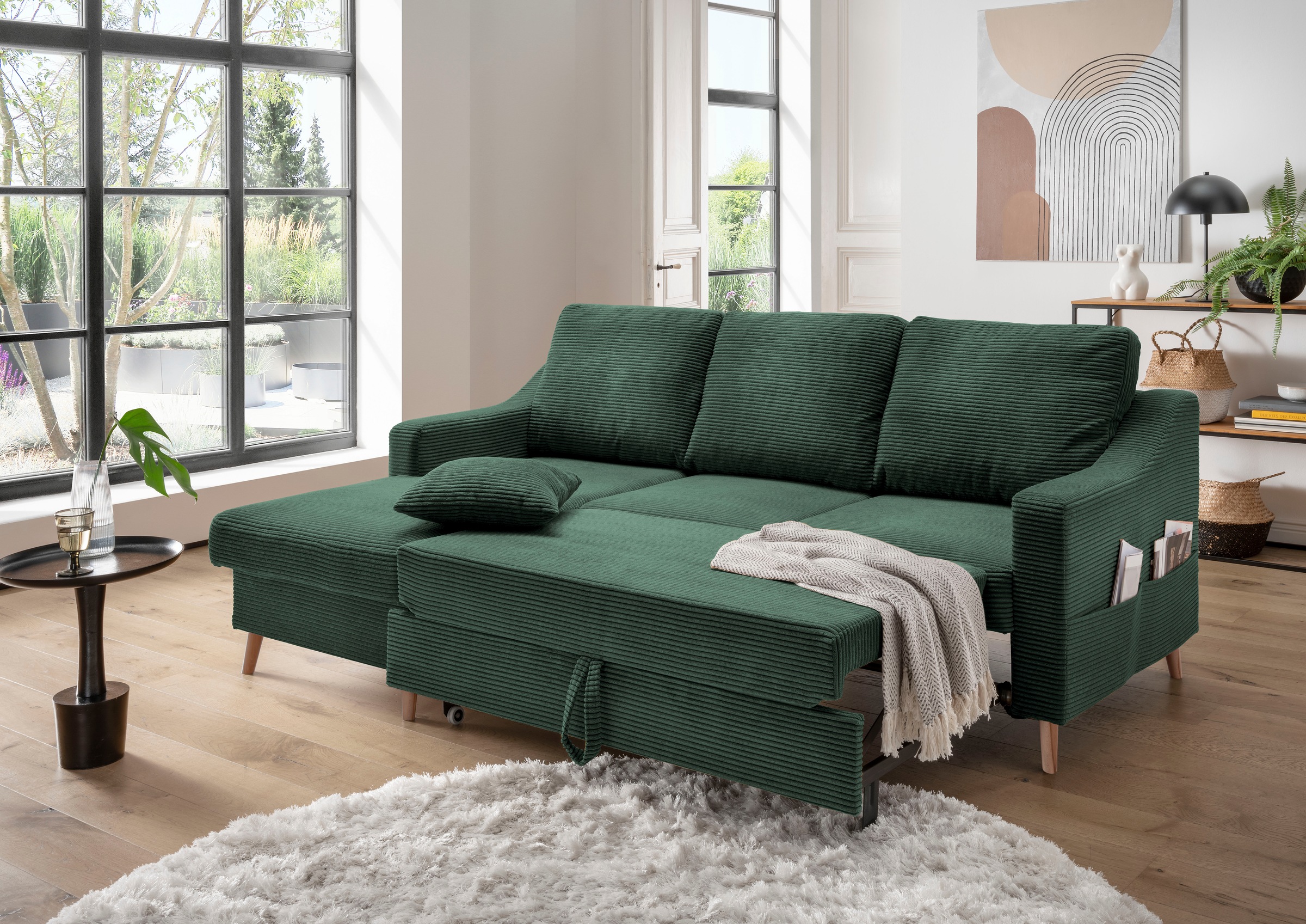 INOSIGN Ecksofa »Valentina L-Form«, 2 Zierkissen, mit Seitentasche, ausziehbarer Liegefläche, Bettkasten