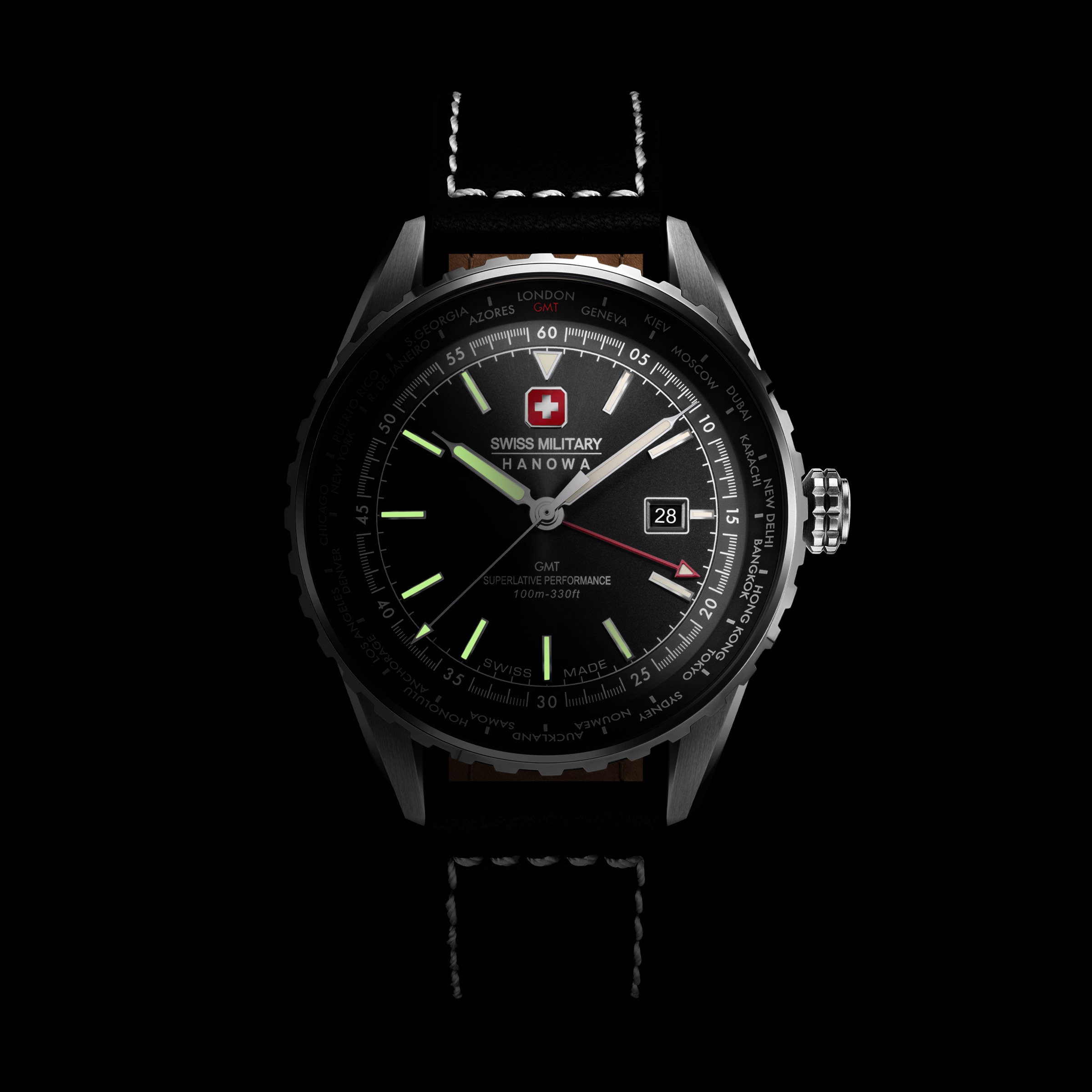 Swiss Military Hanowa Quarzuhr »Afterburn GMT« Armbanduhr, Herrenuhr, Swiss Made, Lederarmband, analog, Tag