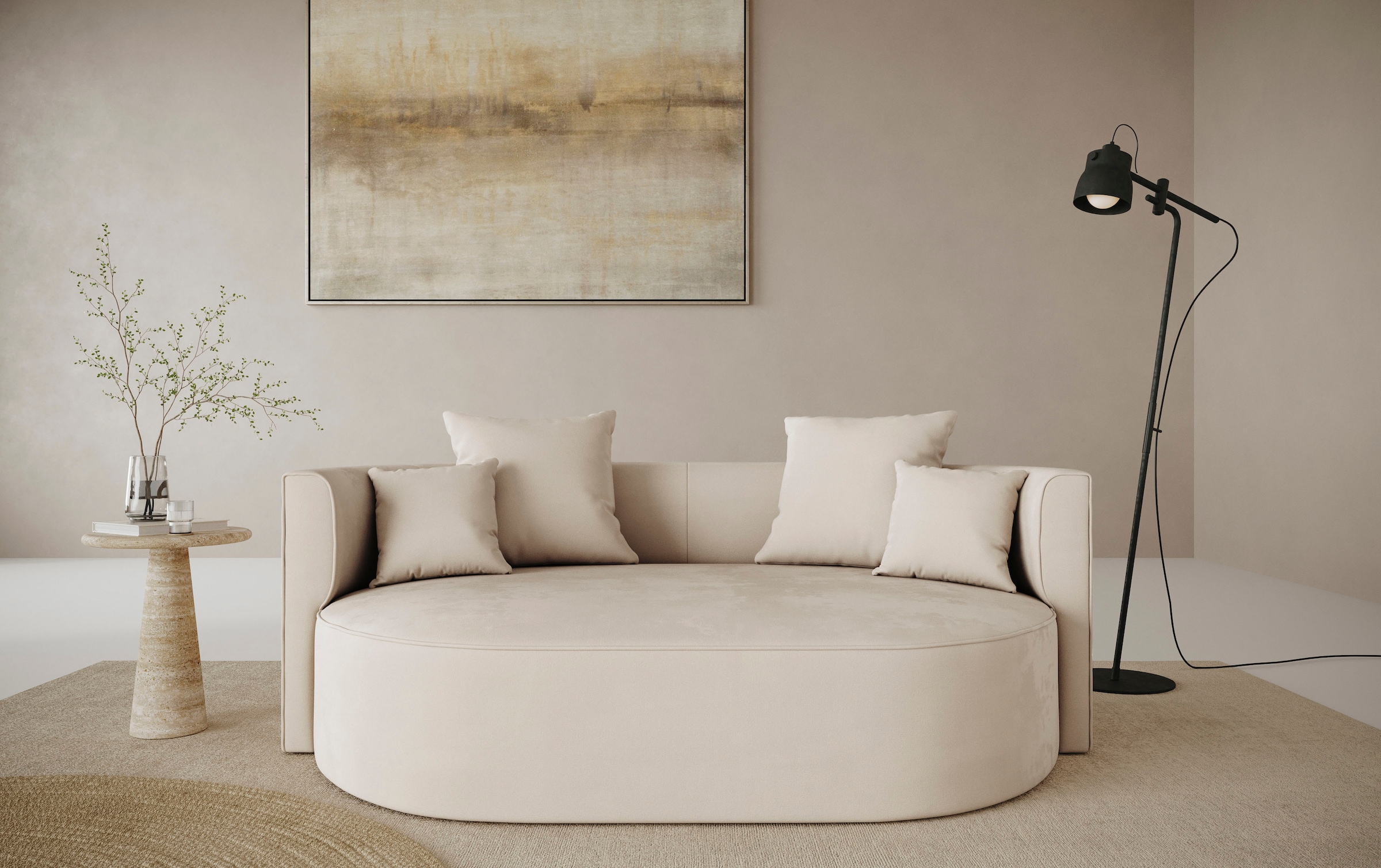 LeGer Home by Lena Gercke 2,5-Sitzer »ISALIE, rundes Loungesofa, mit Kissen, perfekt gepolstert«, moderne Stoffe, mit 4 Zierkissen, extra große Sitzfläche