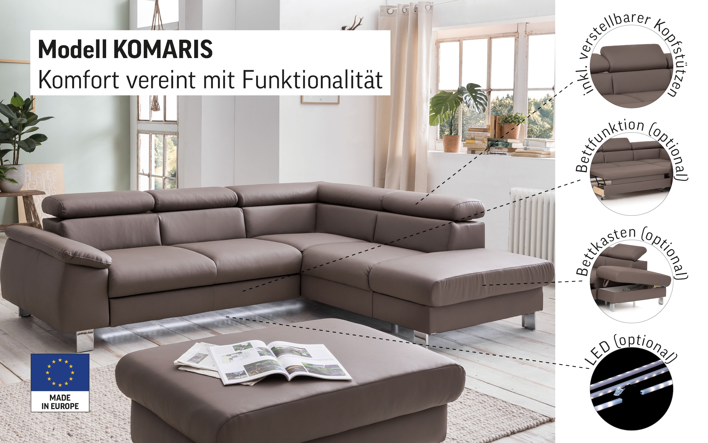 COTTA Ecksofa »Komaris L-Form, B: 249 cm«, mit Kopfteilverstellung, optional Bettfunktion, Bettkasten & Licht