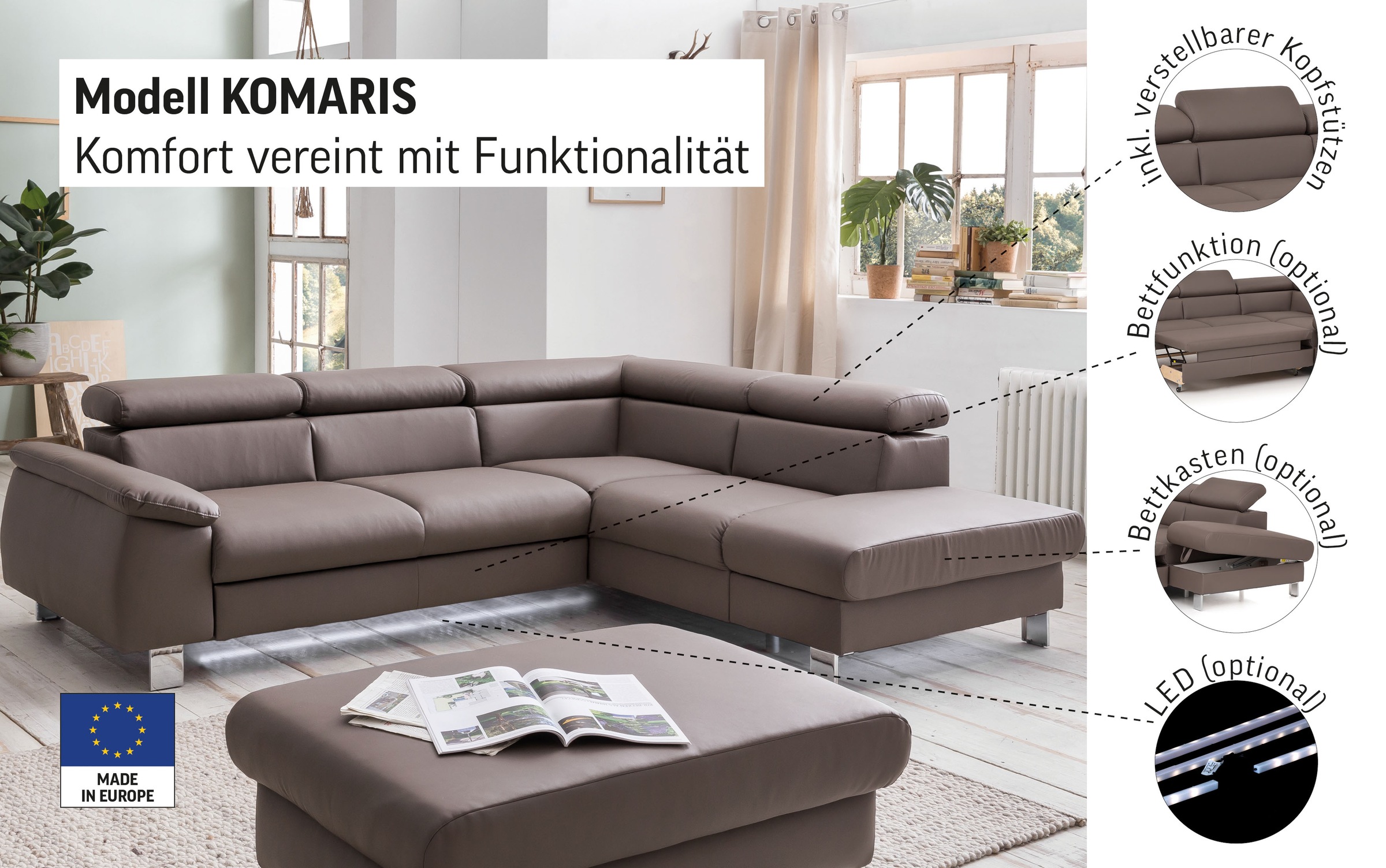 COTTA Ecksofa »Komaris L-Form, B: 249 cm«, mit Kopfteilverstellung, optiona günstig online kaufen