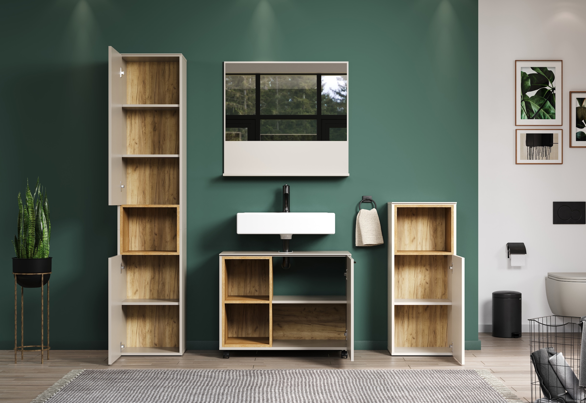 welltime Badmöbel-Set »San Pedro«, (Komplett-Set, 4 St.), Bestehend aus Hochschrank, Waschtisch, Wandspiegel und Unterschrank