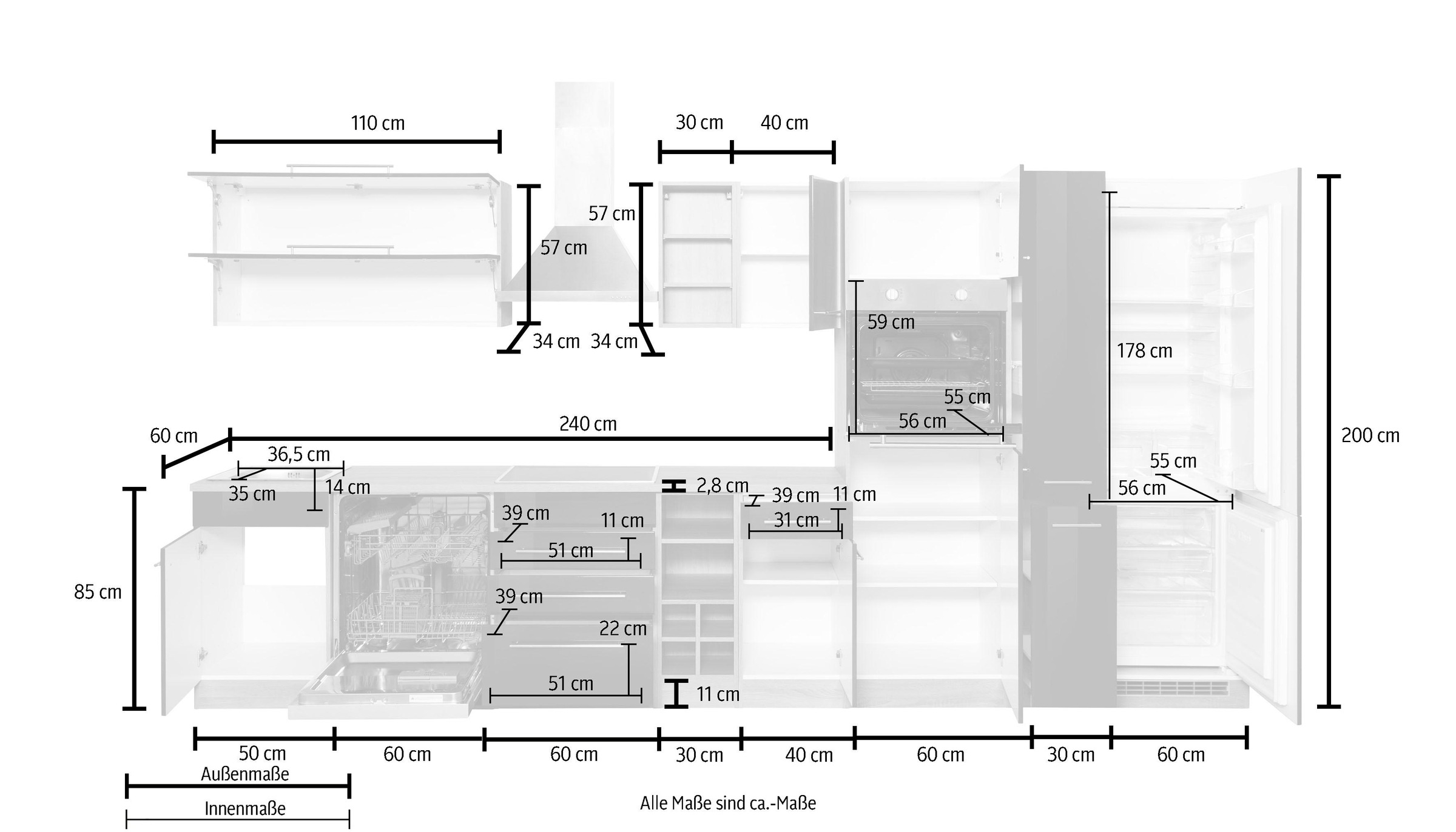 KOCHSTATION Küchenzeile »KS-Eton«, mit E-Geräten, Breite 390 cm