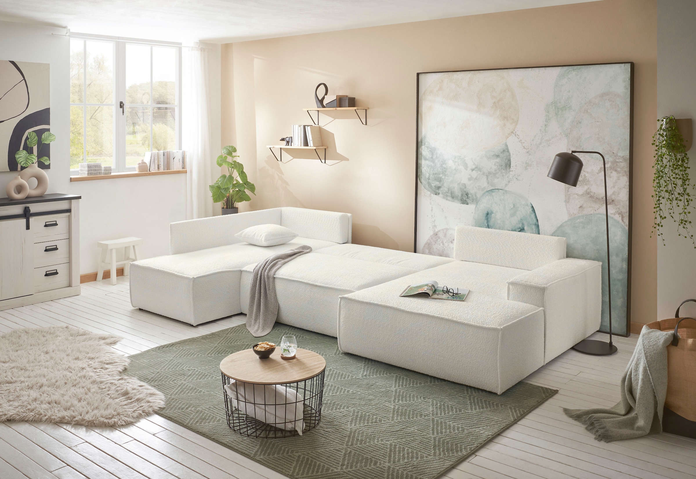 andas Wohnlandschaft »FINNLEY U-Form XXL 329 cm, Schlafsofa, Schlaffunktion m. Bettkasten«, (194/139 cm), Bouclé, Struktur und Cord