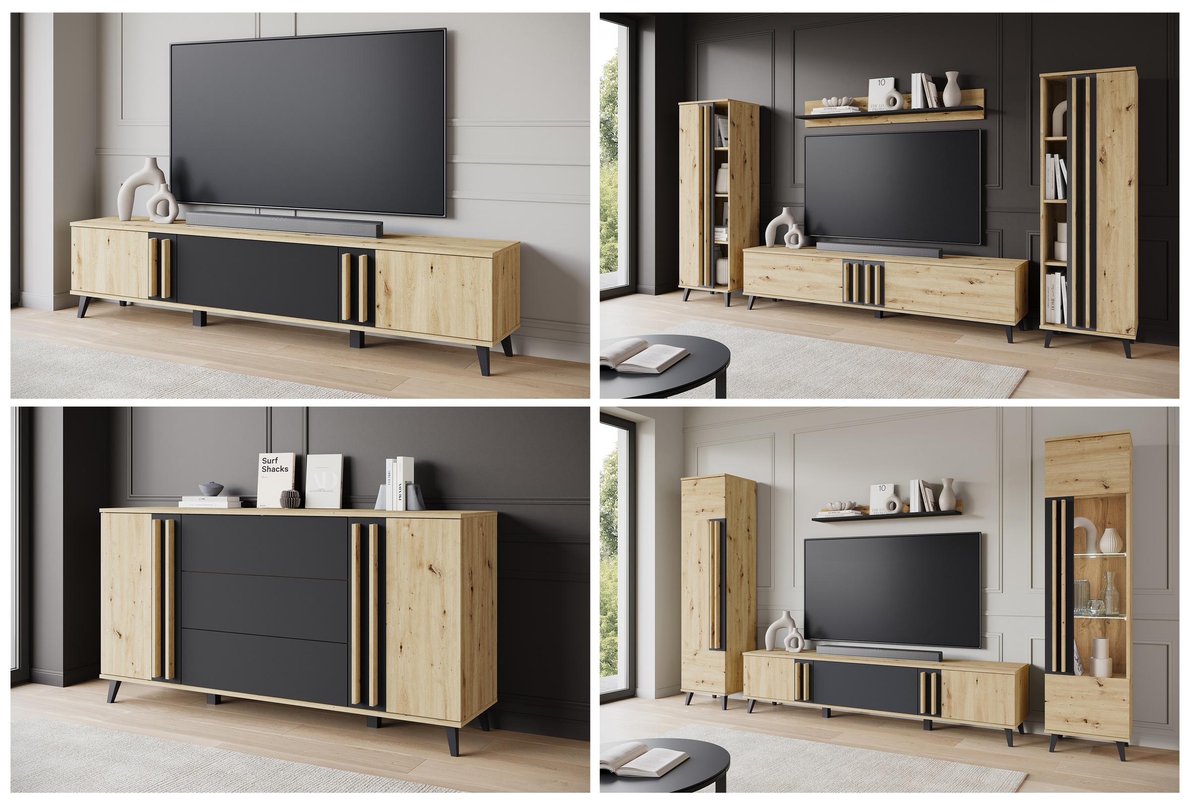 INOSIGN Wohnwand »Helsinki, Modernes Set mit verglaster Vitrine«, (Komplett-Set, 4 St.), mit lamellengriffen, verstellbaren Einlegeböden und Kunststofffüßen