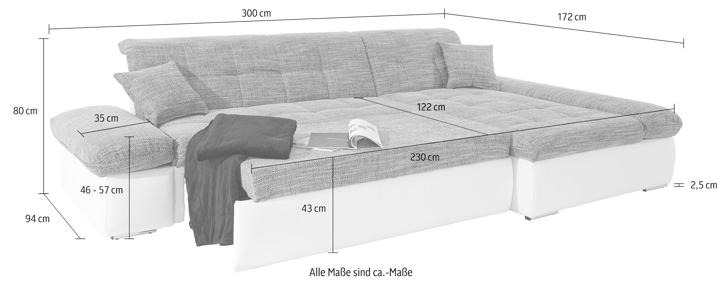 DOMO collection Ecksofa »Moric B/T/H 300/172/80 cm, auch in Cord, L-Form«, XXL-Format, wahlweise auch mit Bettfunktion und Armverstellung