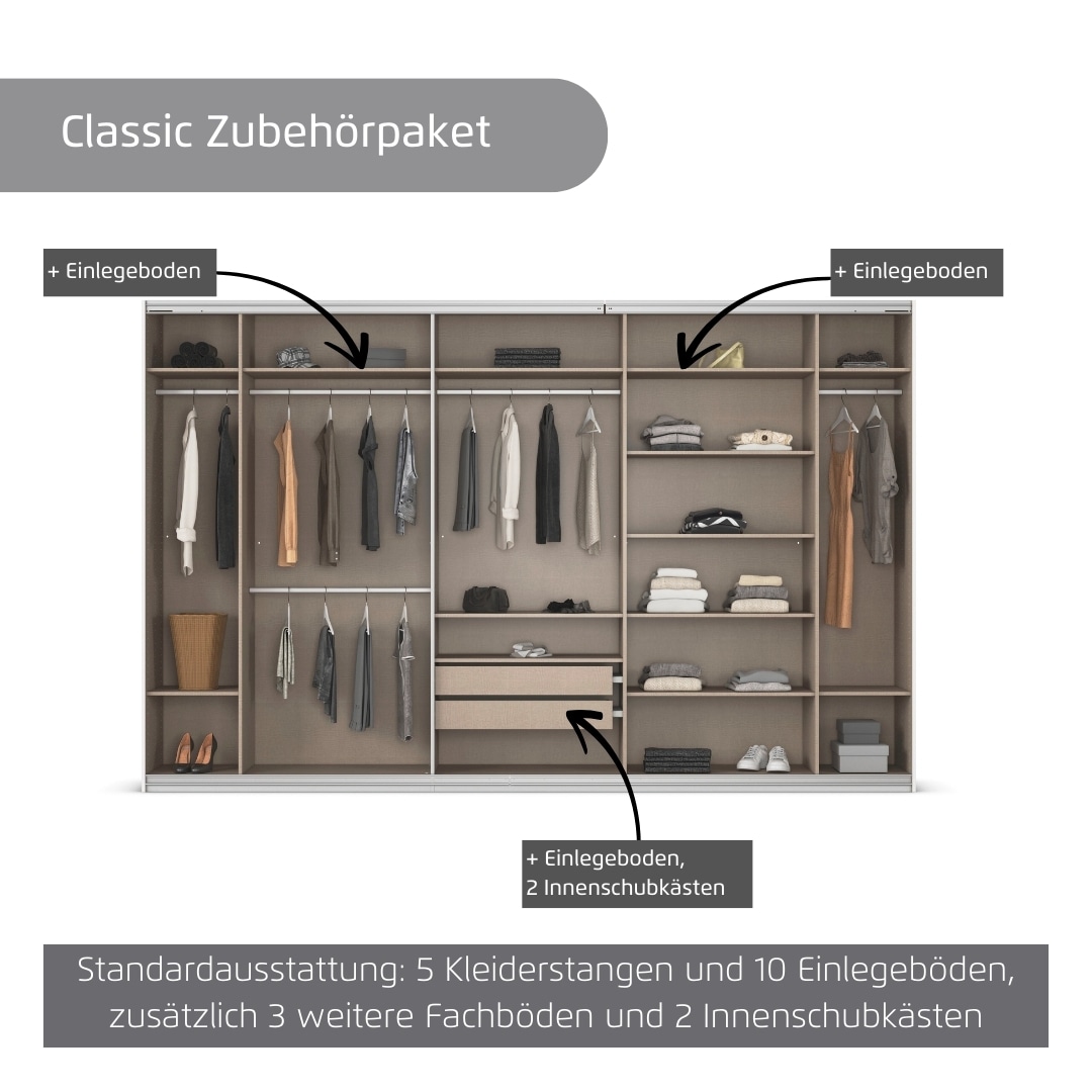 rauch Kleiderschrank »Schwebetürenschrank OTTO´s Choice Garderobe Schrank TOP ANGEBOT Avola«, (in 3 verschiedenen Ausstattungen BASIC/CLASSIC/PREMIUM), mit eleganten Zierleisten in Chrom, Schwarz oder Weiß MADE IN GERMANY