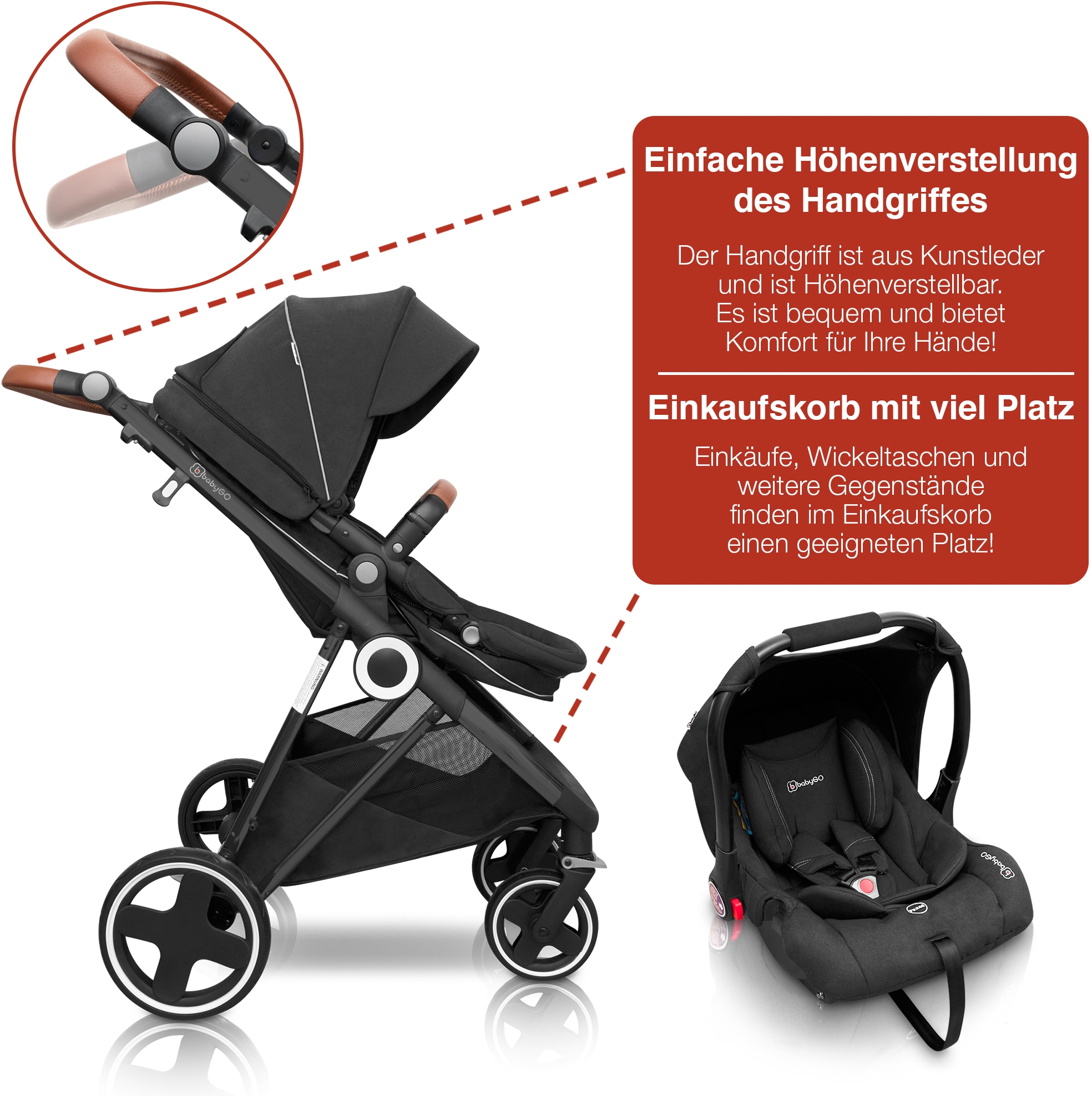 BabyGo Kombi-Kinderwagen »Halime 3in1, Anthracite Black«, inklusive Babywanne, Babyschale, Regenhaube & Wickeltasche