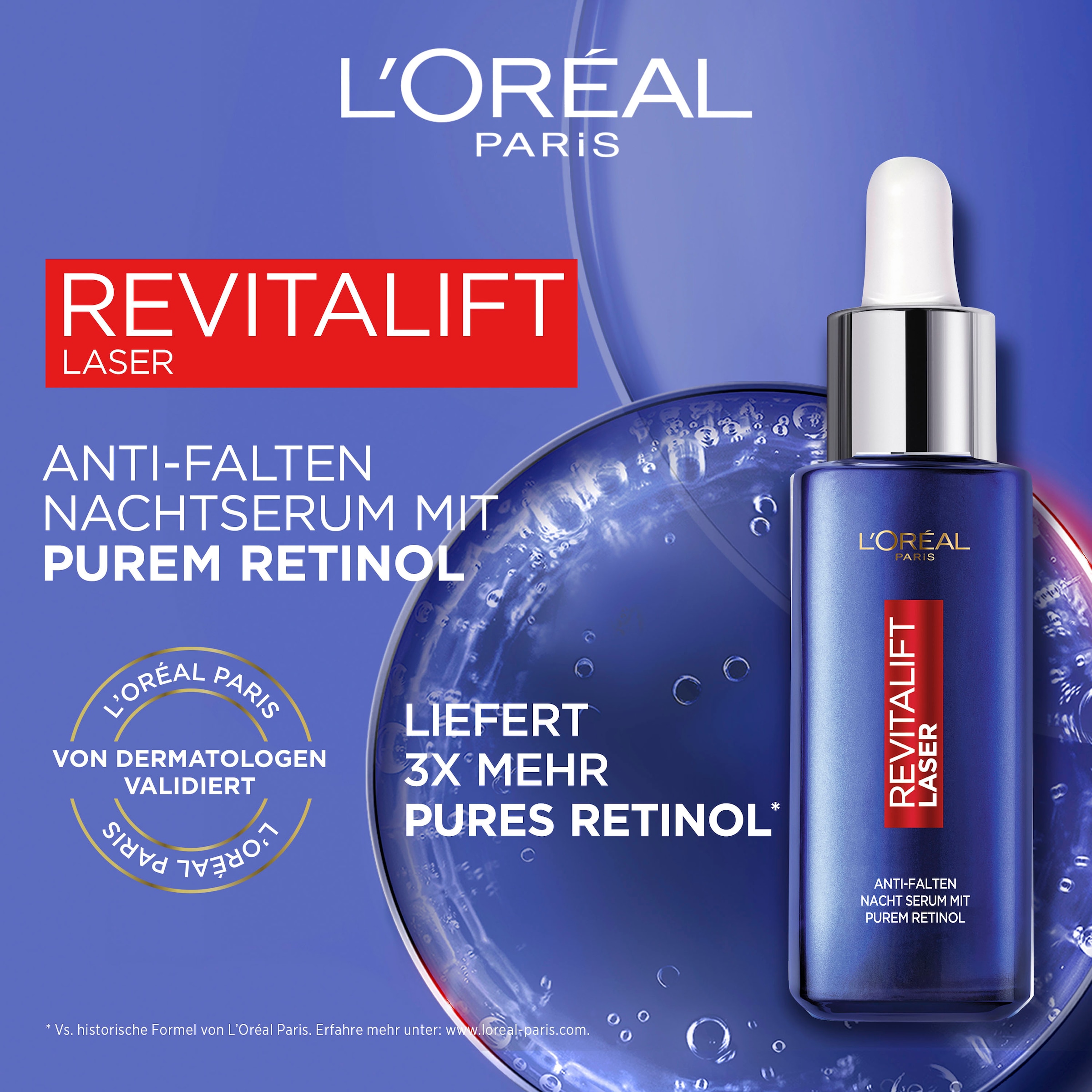 L'ORÉAL PARIS Gesichtsserum »REVITALIFT LASER ANTI-FALTEN NACHT SERUM« mildert Falten, mit Retinol, mit Pipette