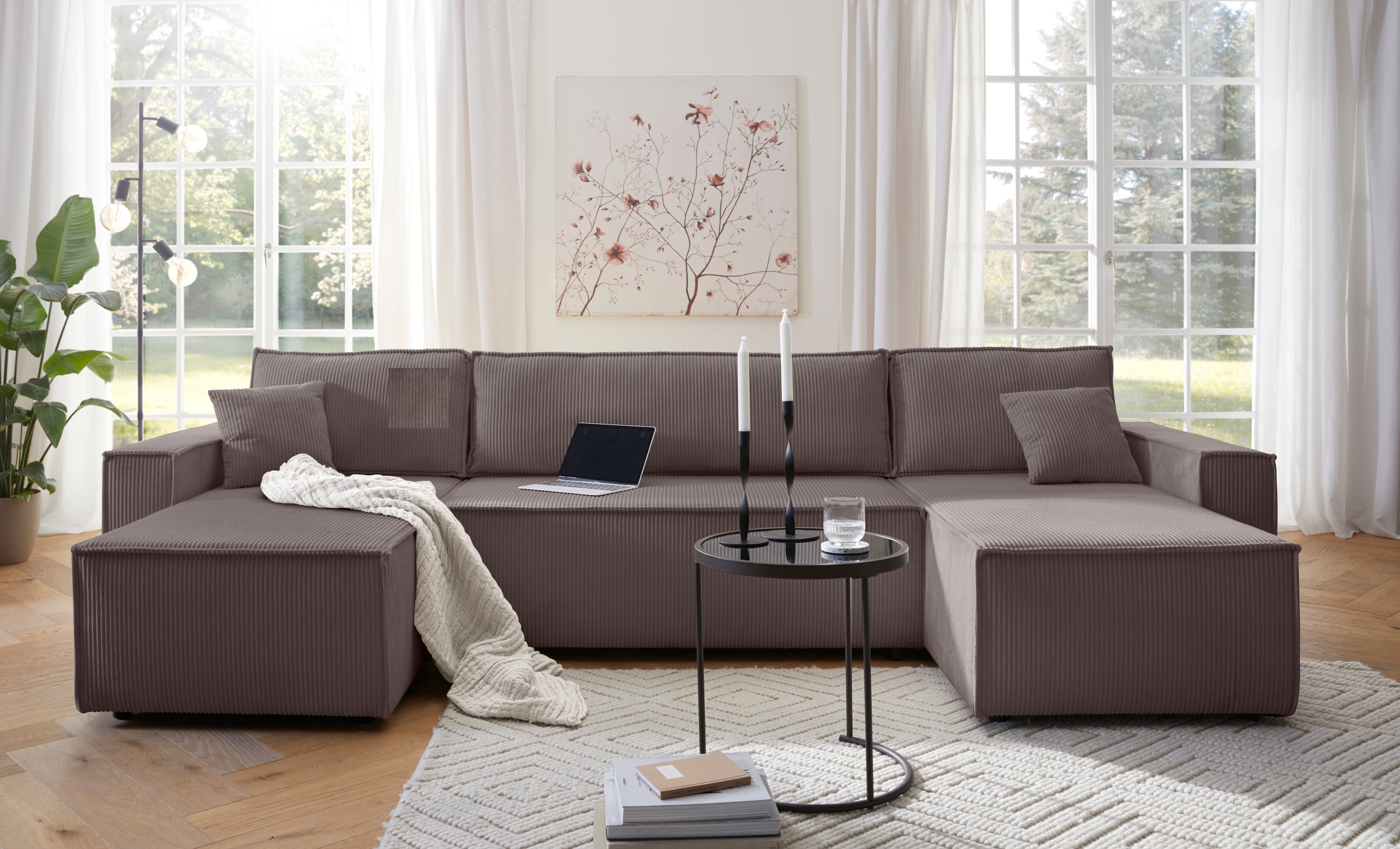 OTTO home Wohnlandschaft »Cassi, 311 cm, U-Form, Schlafsofa, Dauerschläfer, Boxspringfederung«, Schlaffunktion (133/270cm), Bettkasten, Seitentaschen, Cord-Bezug