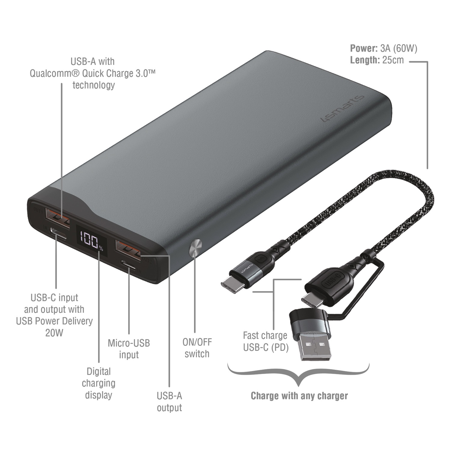 4smarts Powerbank »VoltHub Pro 10000mAh«, 4smarts Powerbank VoltHub Pro 10000mAh QuickCharge PD gunmetal, 10000 mAh