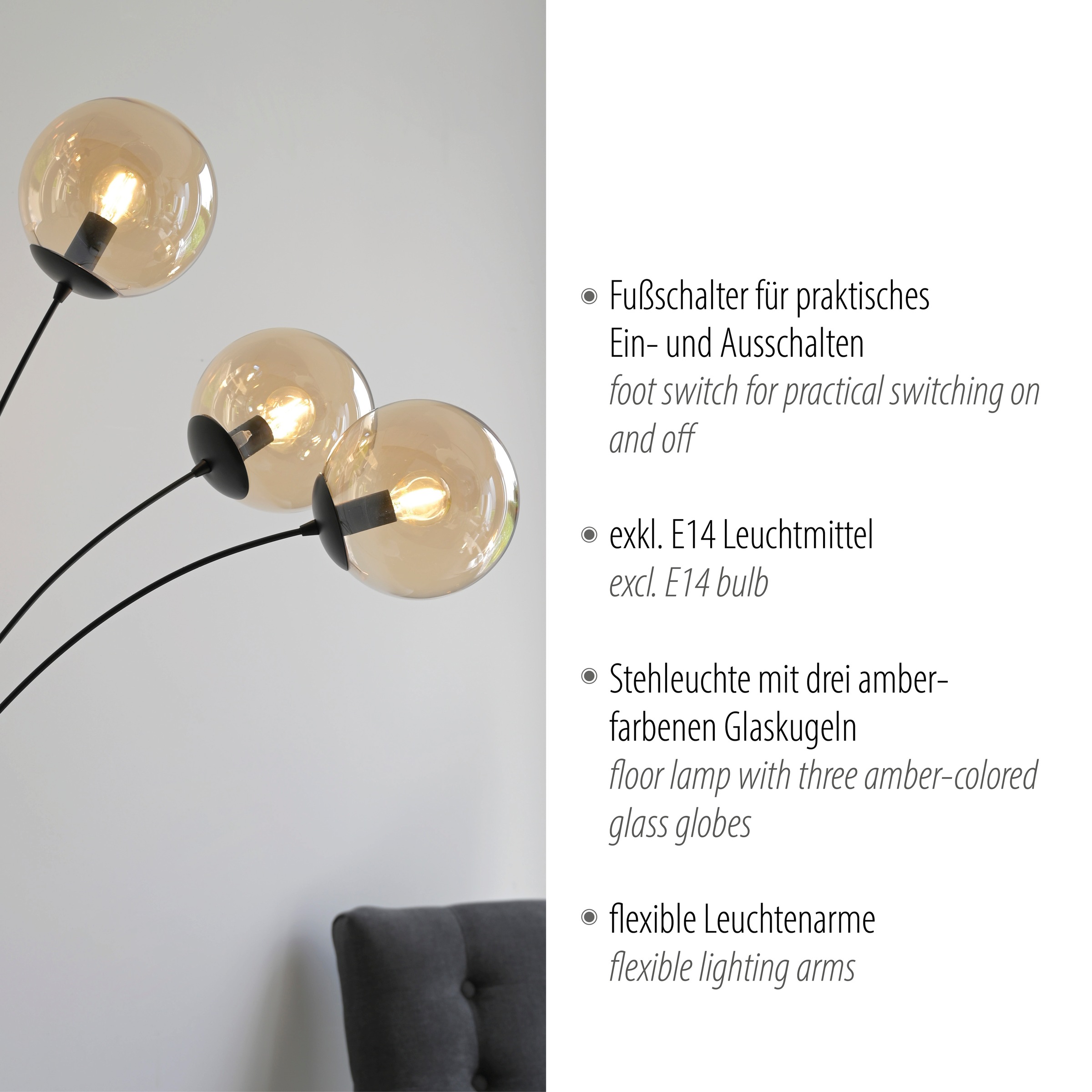 andas Stehlampe »Nymölla«, 3 flammig, Leuchtmittel E14 | ohne Leuchtmittel, Stehleuchte mit großen Glaskugeln amberfarben oder opal matt weiß
