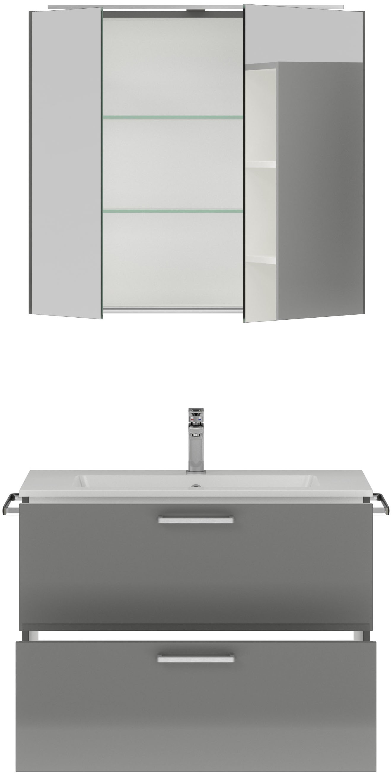 nobilia® Badmöbel-Set »Tolvina«, (2 St., vormontiert, mit Soft-Close), inkl. Spiegelschrank mit Beleuchtung und Dimmerfunktion, in 4 Breiten