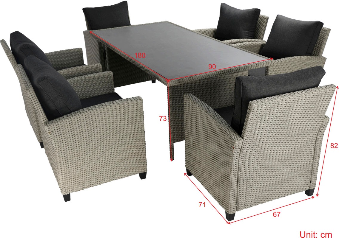 KONIFERA Garten-Essgruppe »Amsterdam« Set, 6x Sessel, 6x Sitzauflagen, 6x Rückenauflagen, 1x Tisch, 19 tlg. tlg. bestehend aus 6 Sesseln, 12 Sitz- und Rückenkissen und 1 Tisch