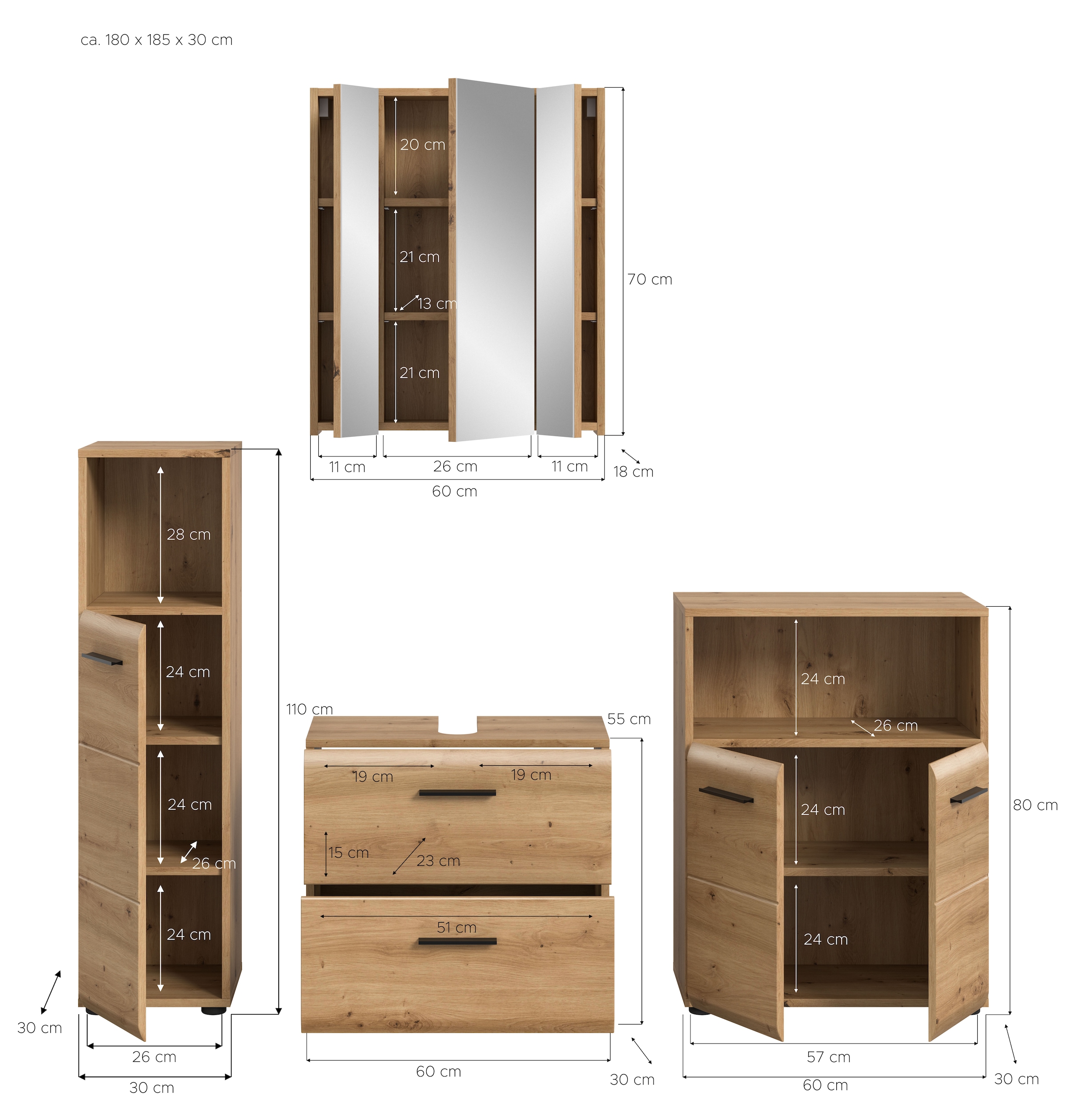 INOSIGN Badmöbel-Set »FLORENZ, TOPSELLER!, 4-teilige Badkombination, hochwertige MDF-Front«, (Set, 4 St., Midischrank hoch, WBU, Spiegelschrank, Midischrank breit), Florenz, Badkombination 4-tlg., Artisan Oak NB, Standschrank, WBU