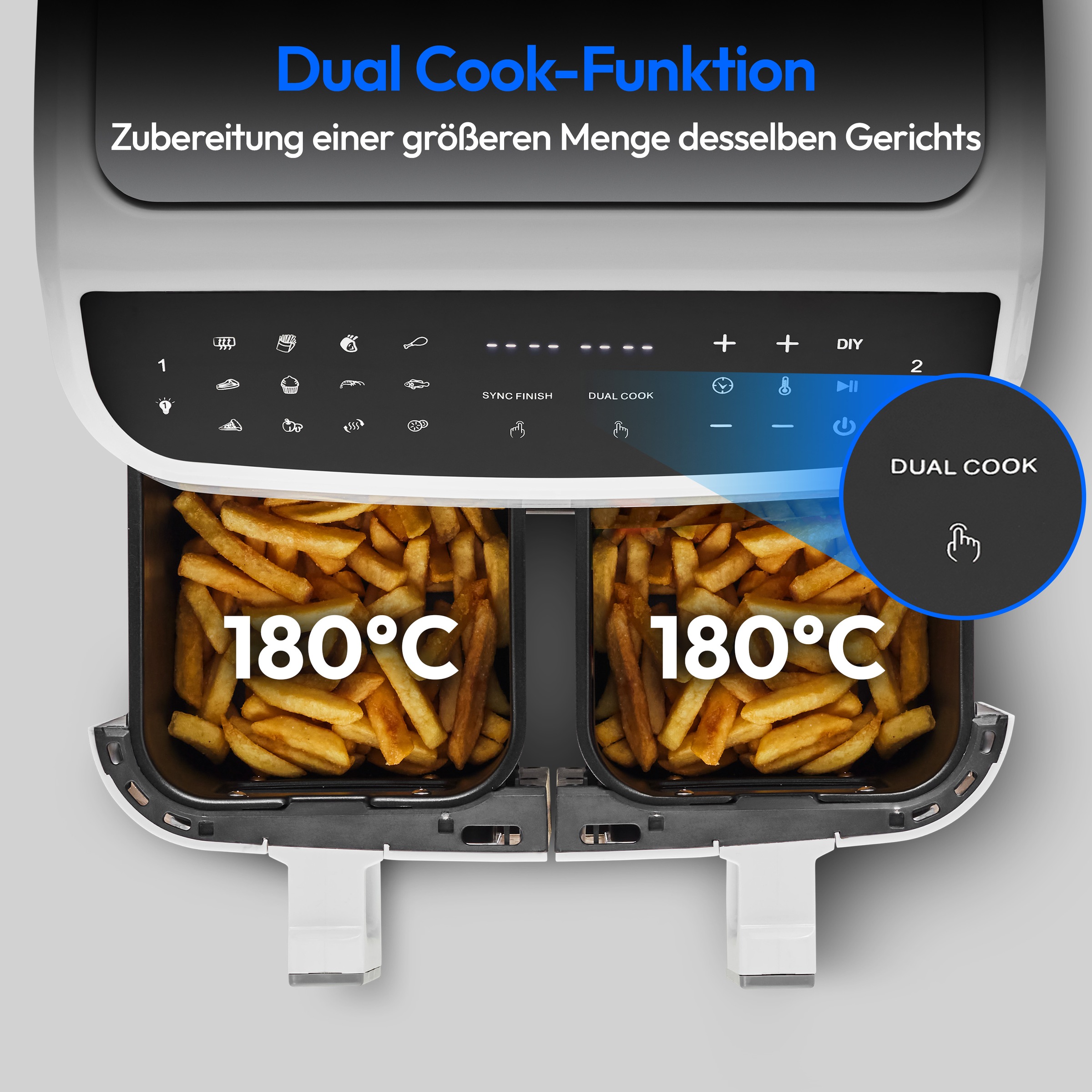 Medion® Heißluftfritteuse »P20 XL (MD 11760) 8,7 L Korbvolumen, 9 Automatikprogramme, Dual Cook«, 2400 W, Temperatur 50 - 200 °C, ILAG Beschichtung, Sync-Finish