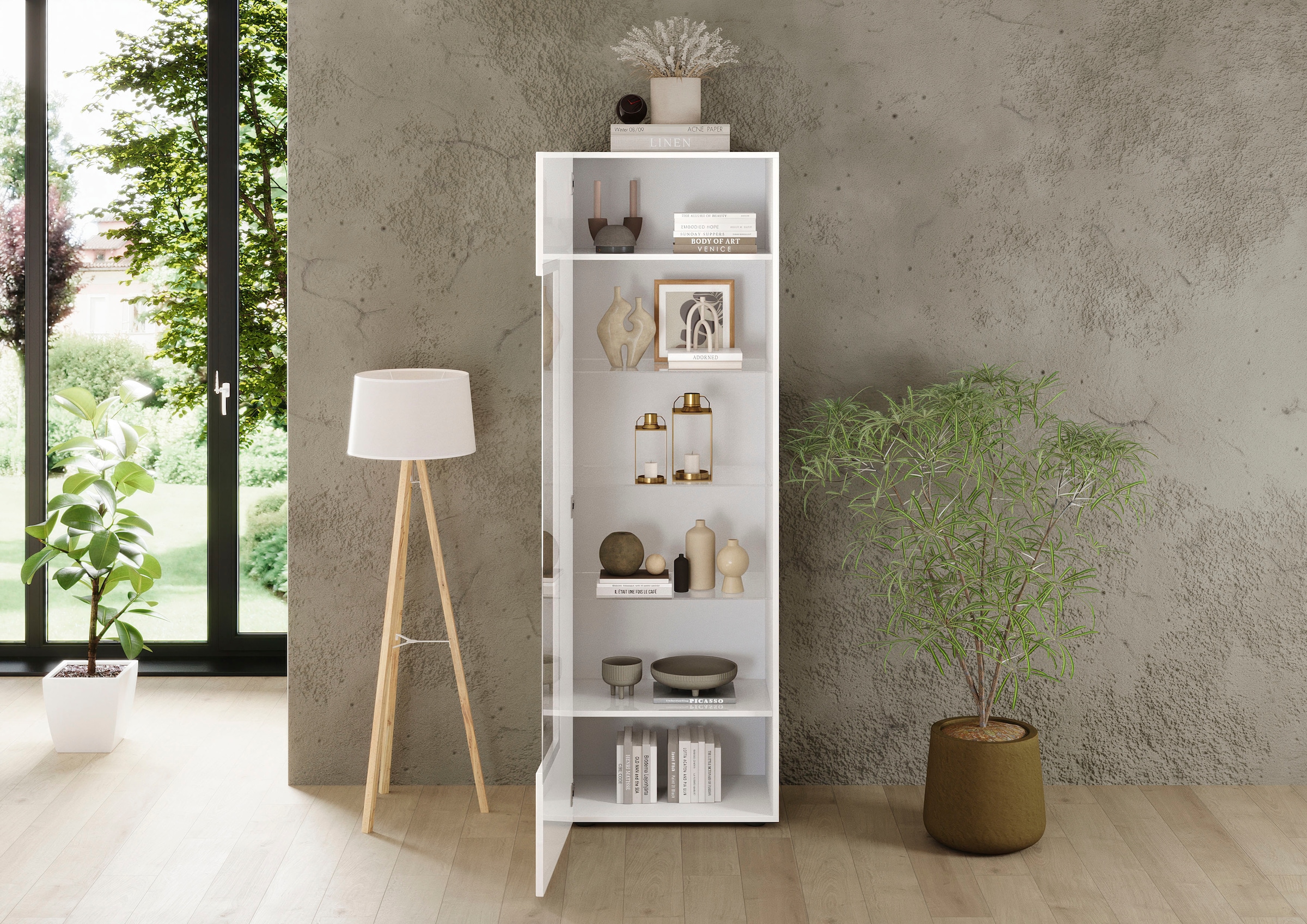 INOSIGN Vitrine »RIO, Höhe 187 cm, Hochschrank mit 1 Tür, Anrichte, Standvitrine«, Vitrinenschrank, geriffelte MDF-Front, modern, elegant, geräumig