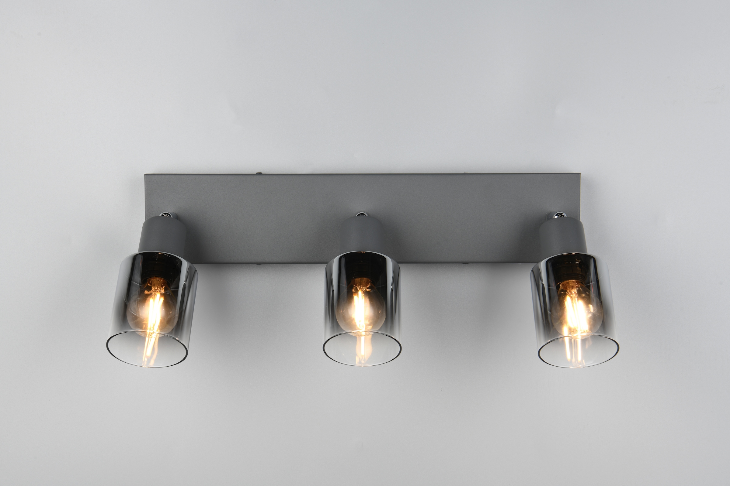 REALITY Leuchten Deckenstrahler »CADIZ, Spot 3-flammig, exkl 3xE14 max 10W, Glas anthrazit, verspiegelt«, 3 flammig, Leuchtmittel E14 | Leuchtmittel wechselbar, verstellbarer Deckenspot E14 Fassung, mit Glasschirm smoke Farbverlauf