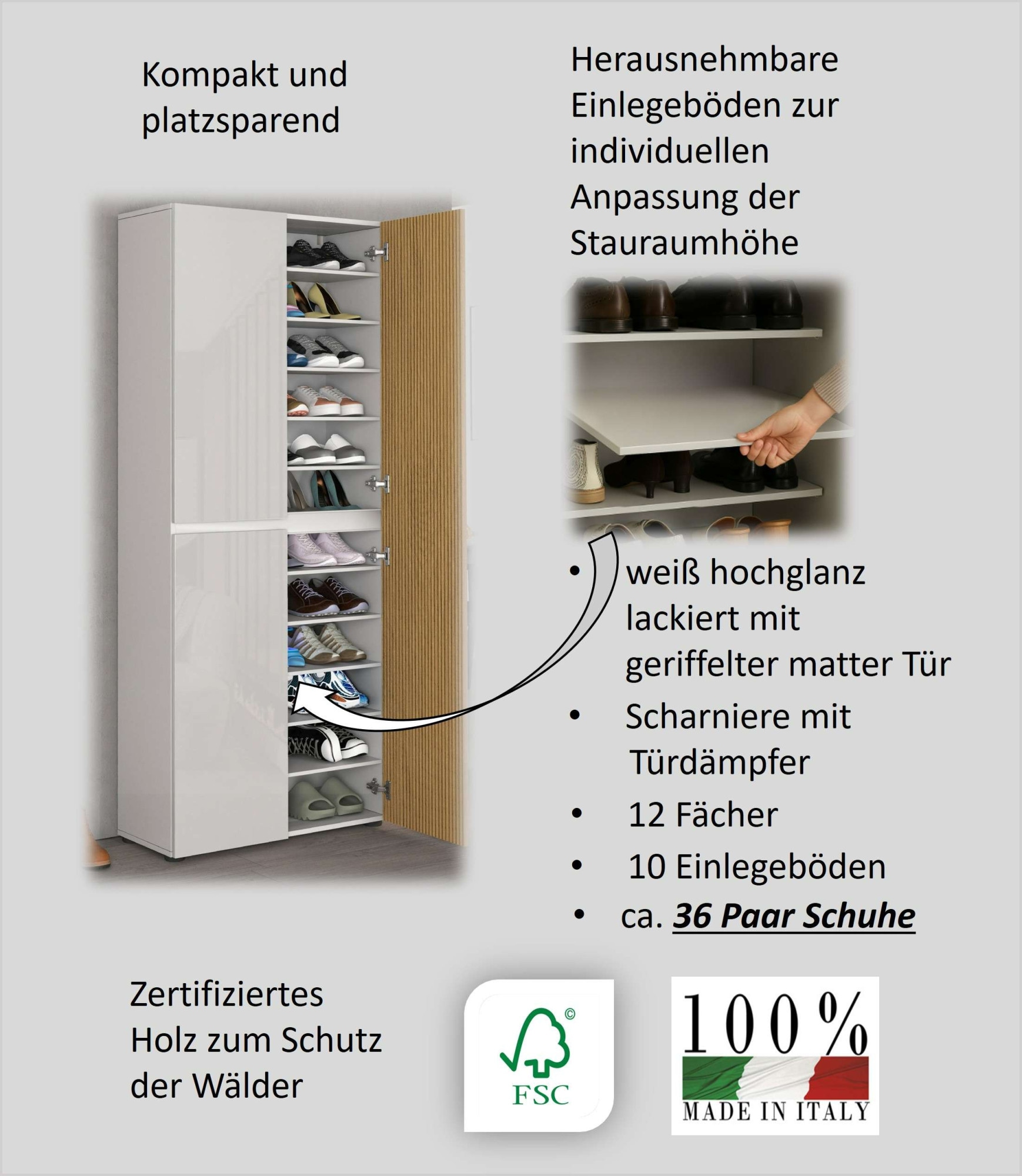 INOSIGN Schuhschrank »LADY, Schuhkommode,Schuhmöbel,Schuhablage,Schuhregal«, mit 10 Einlegeböden, 12 Fächer, Tür mit Rillenoptik, ca.36 paar Schuhe
