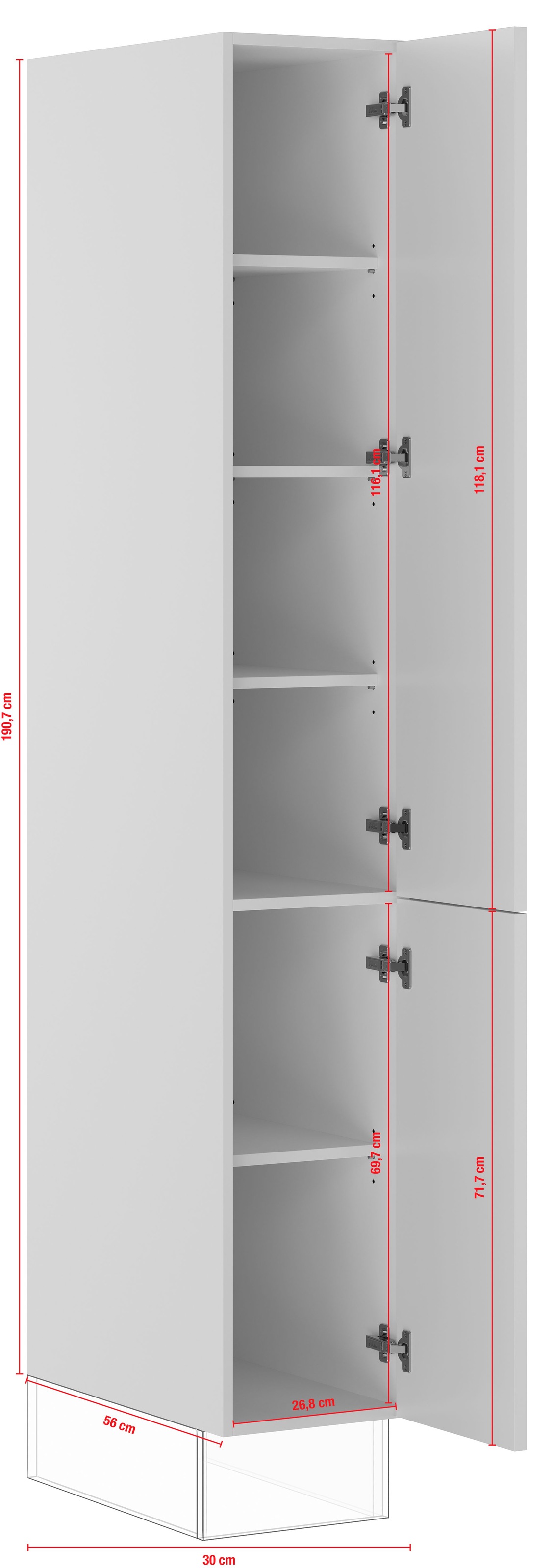 IMPULS KÜCHEN Seitenschrank »"Turin", Breite/Höhe: 30/190,7 cm«, vormontiert, mit Drehtüren, mit verstellbaren Fachböden