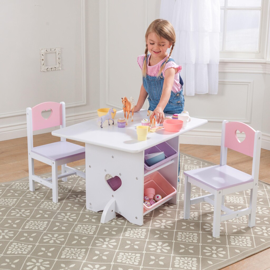 KidKraft® Kindersitzgruppe »Tisch mit Aufbewahrungsboxen und 2 Stühlen Herzchen«, (3 tlg.)