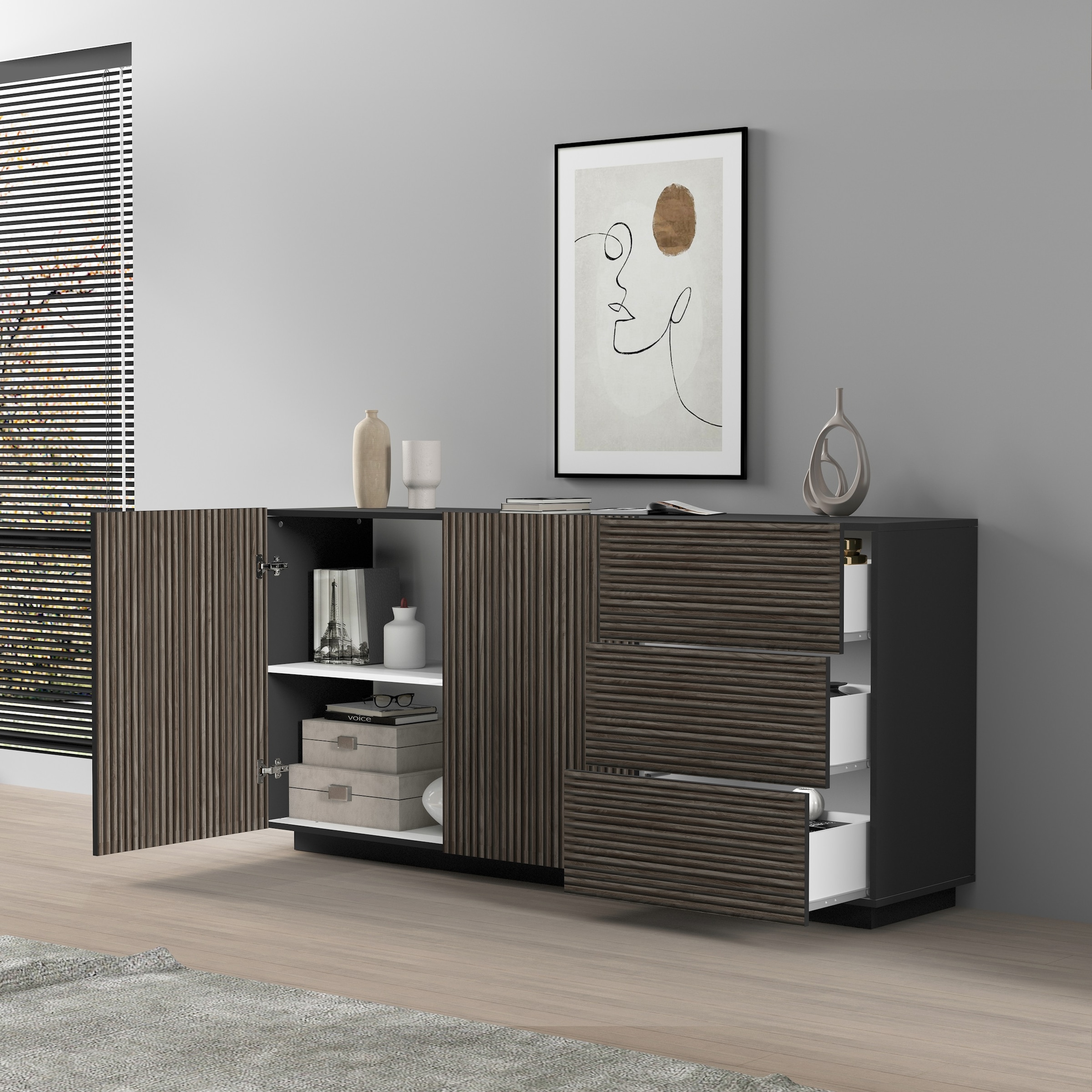 INOSIGN Sideboard »Vega Sideboard,Kommode,180 cm«, mit 2 Türen und 3 Schubladen,Fronten mit Rillen-Optik