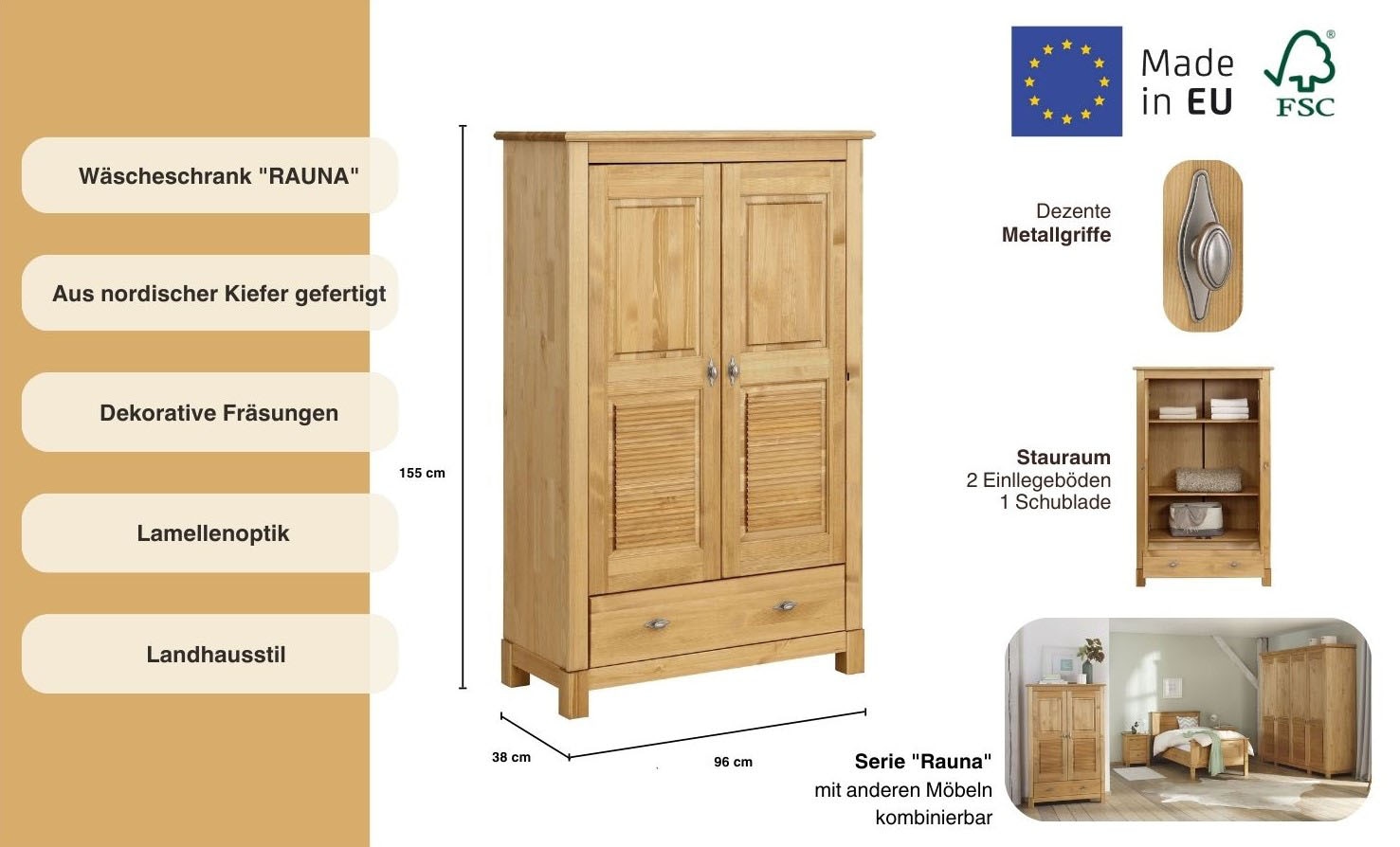 Home affaire Wäscheschrank »Rauna«, (B/H/T ca. 96/155/38 cm), aus massiver Kiefer, 2-türig, 96cm breit