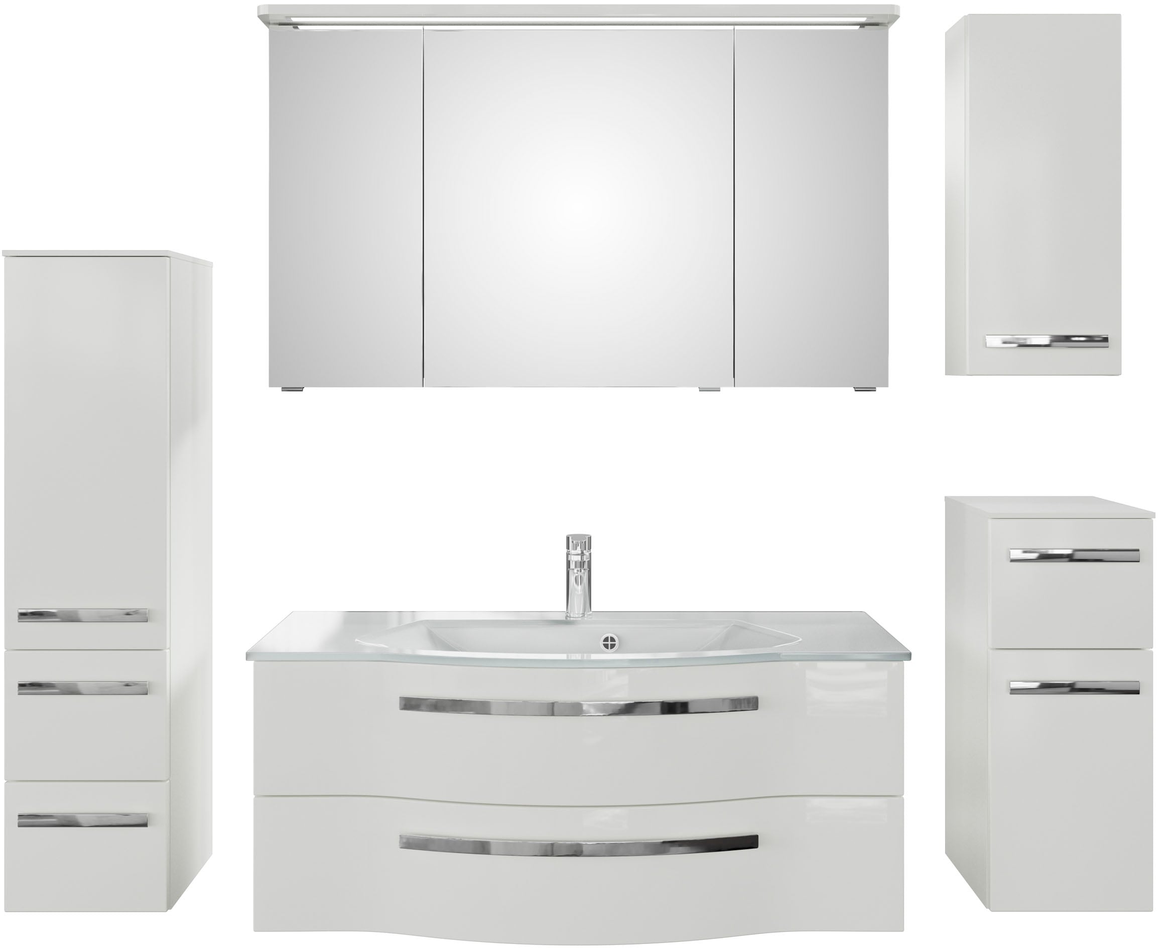 Saphir Badmöbel-Set »Serie 4005, vormontiert, Glaswaschbecken, Spiegelschrank«, (Set, 6 St.), Badezimmer-Set mit Unterschrank, Hängeschrank, Midischrank, Türdämpfer