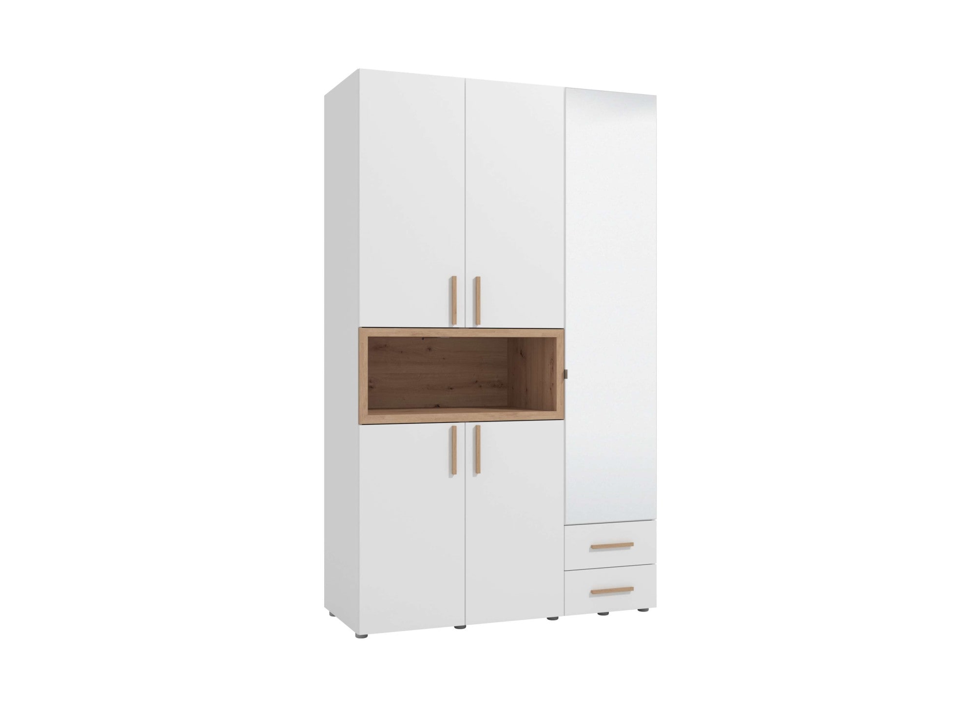 INOSIGN Kleiderschrank »Donald, inklusive Kleiderstangen und Einlegeböden, FSC-zertifiziert«, (134,5 oder 179cm breit, 227cm hoch und 56,5cm tief), In 2 Breiten, mit Spiegel und Schubladen, 1 offenes Fach in Holzoptik
