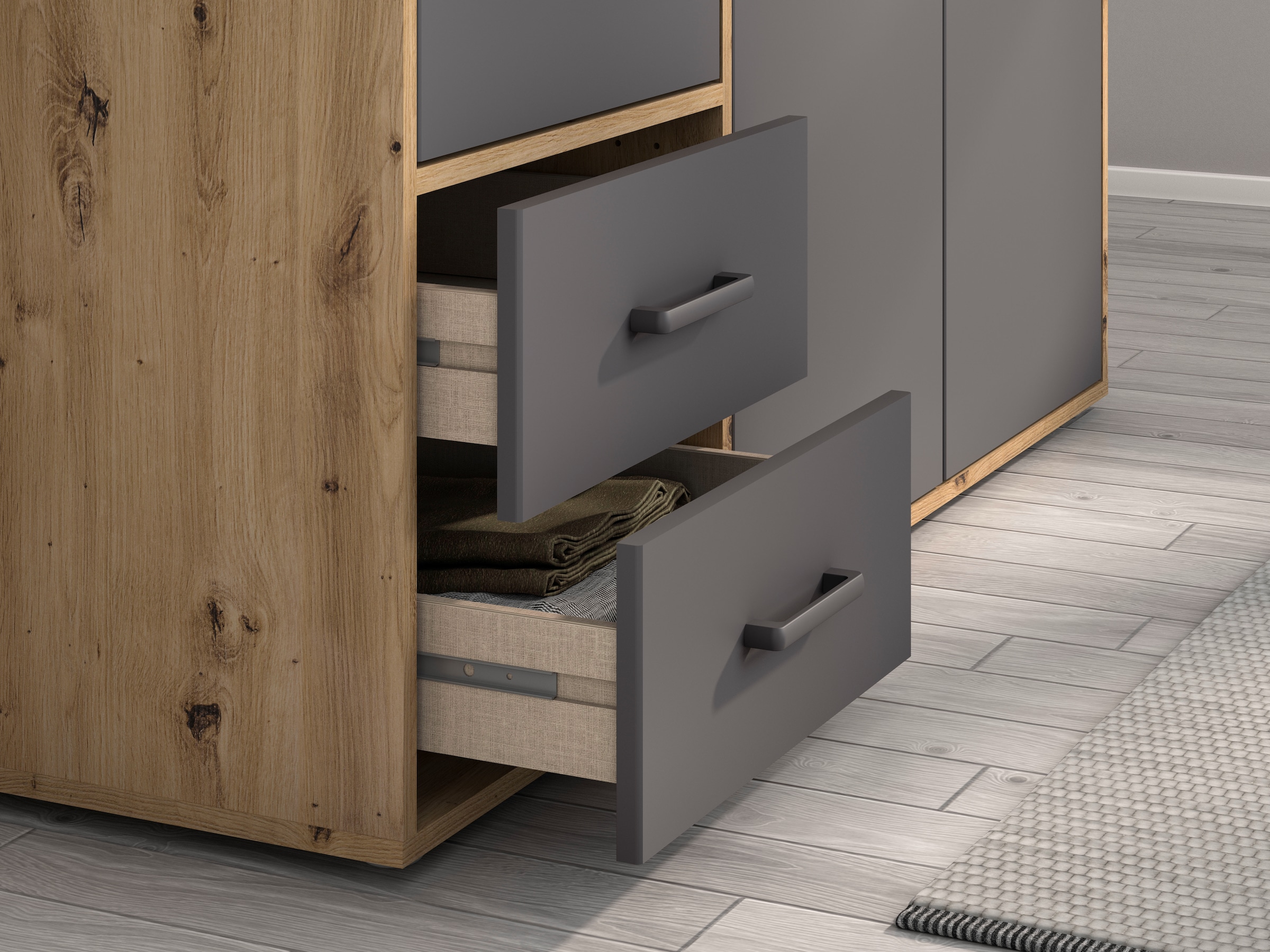rauch Drehtürenschrank »Kleiderschrank Schrank Garderobe Wäscheschrank VOYAGER«, (in 3 verschiedenen Ausstattungen BASIC/CLASSIC/PREMIUM), moderne Griffe in Graumetallic mit Außenschubkästen MADE IN GERMANY