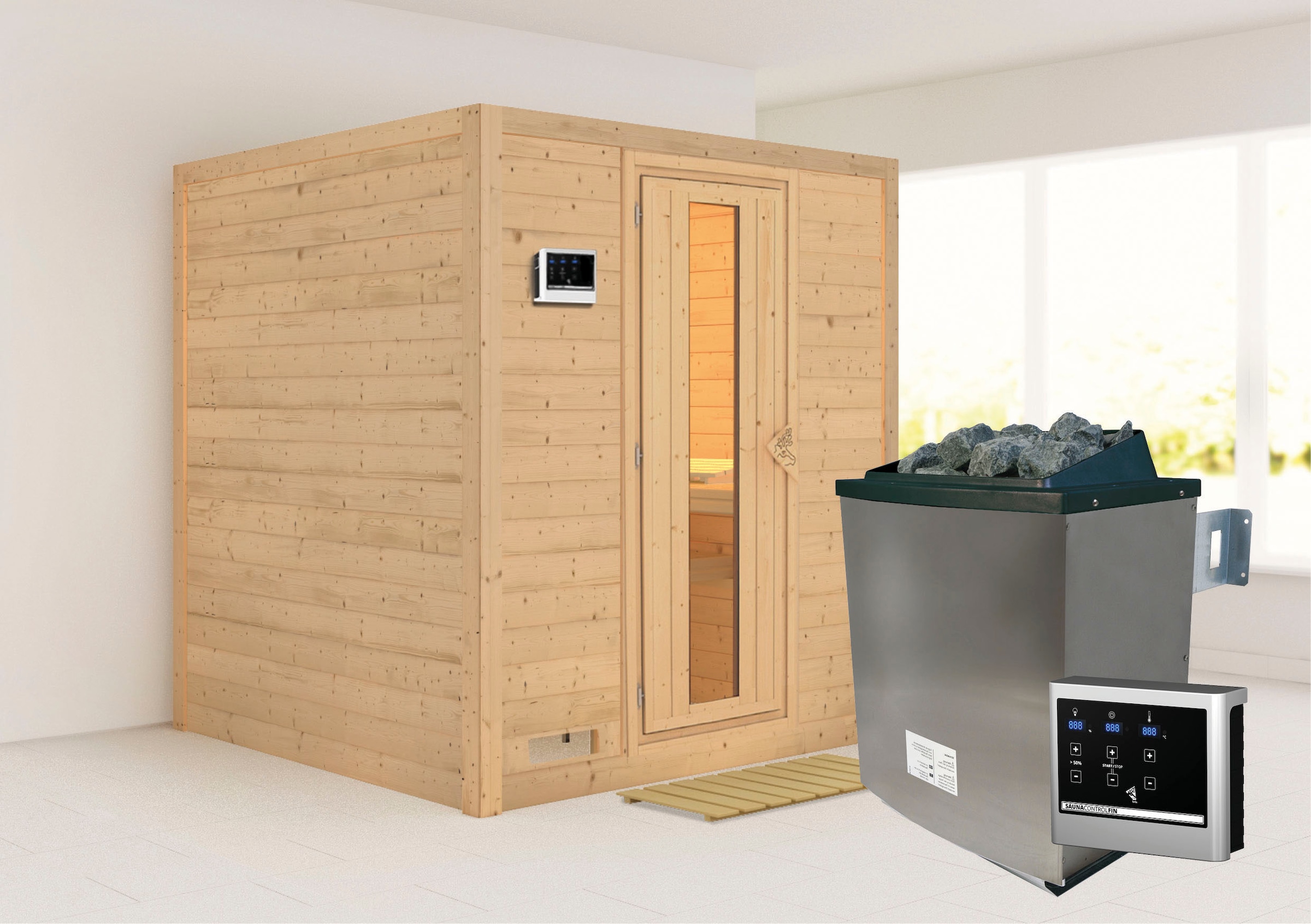Karibu Sauna »Menja« Set, 9-kW-Ofen mit externer Steuerung günstig online kaufen
