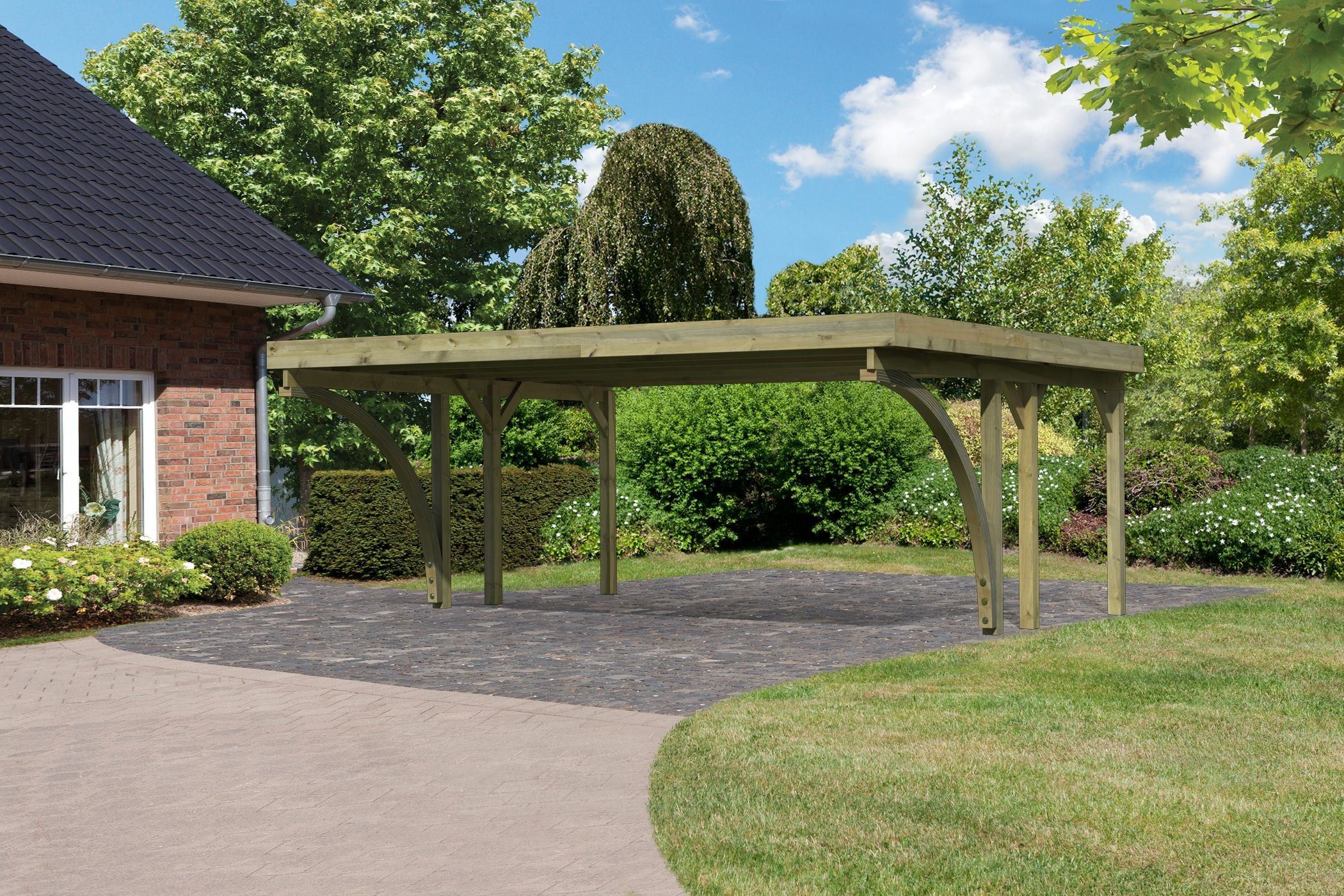 KARIBU Doppelcarport »»Classic 1 SET« PVC-Dach Variante C, mit zwei Einfahrtsbogen« Masivholz 540 cm KDI aus Masivholz KDI