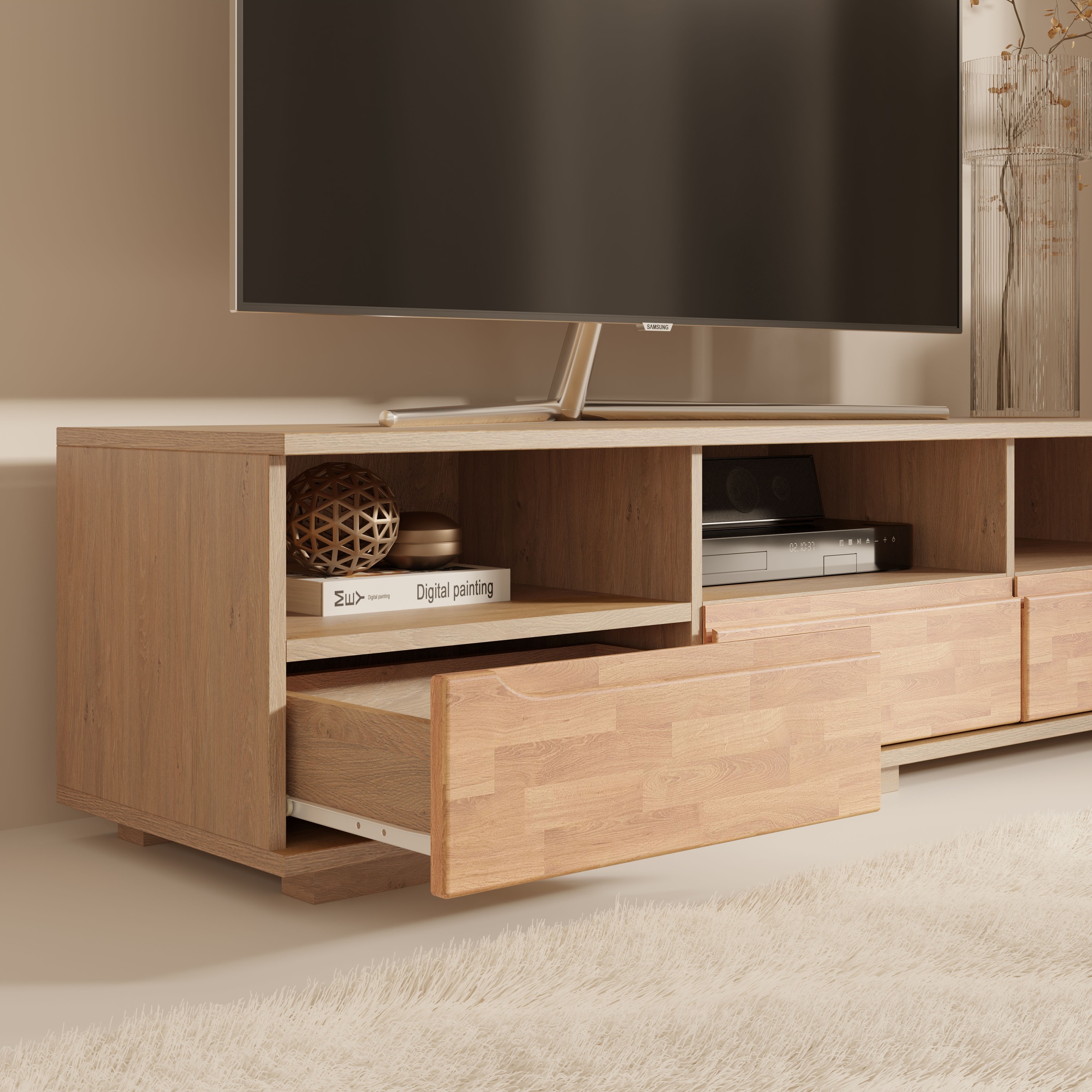 OTTO home Lowboard »VETRO Teilmassiv, Fronten Massivholz, Wohnzimmer, Stauraum,Griffmulde« B/T/H:150/40/40 cm, 3 Schubladen, 3 offene Fächer, kabeldurchführung