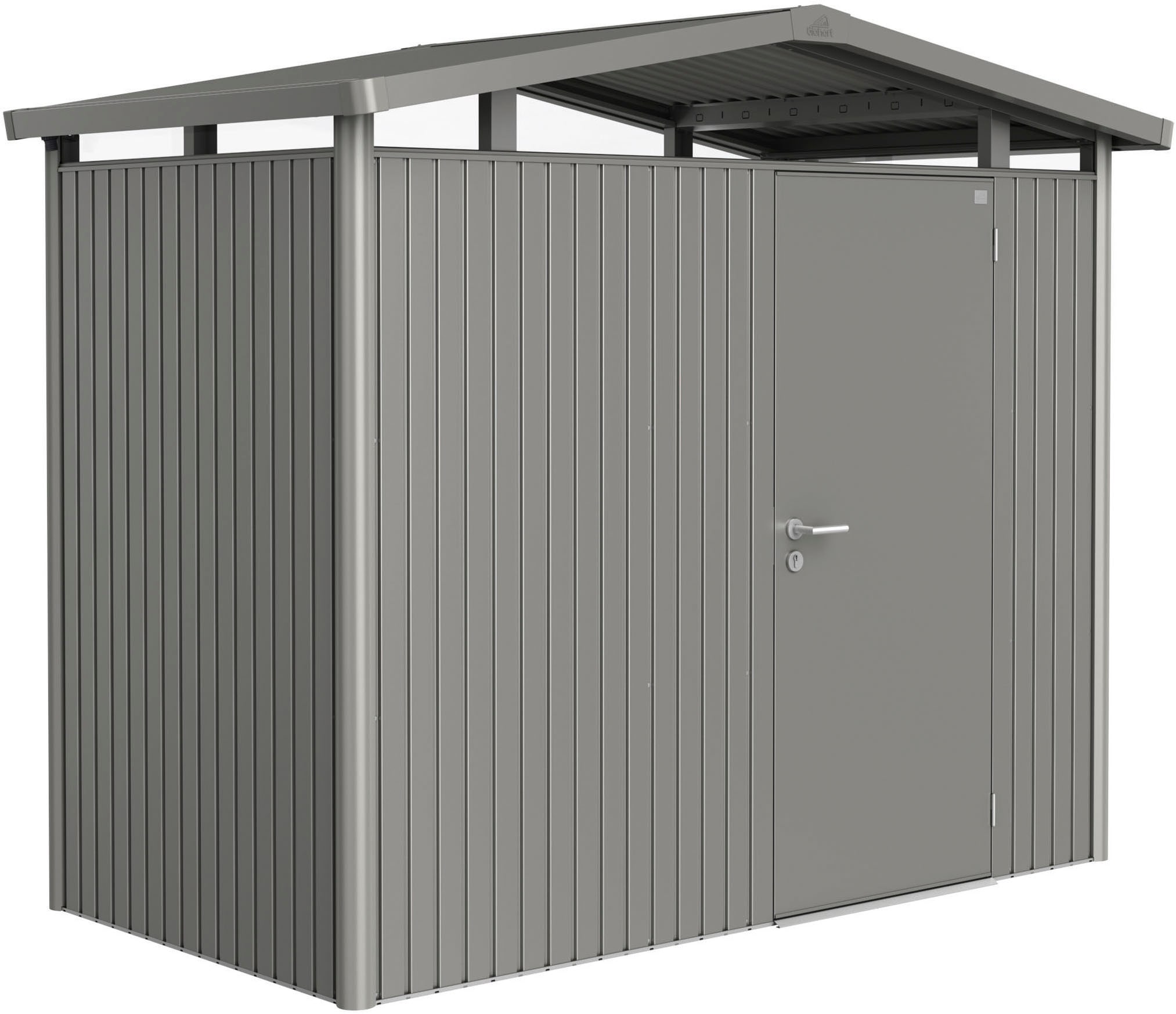 Biohort Gerätehaus »PANORAMA Gr. P1 quarzgrau-metallic
mit Standardtür«, aus Metall mit umlaufendem Acrylglas-Lichtband