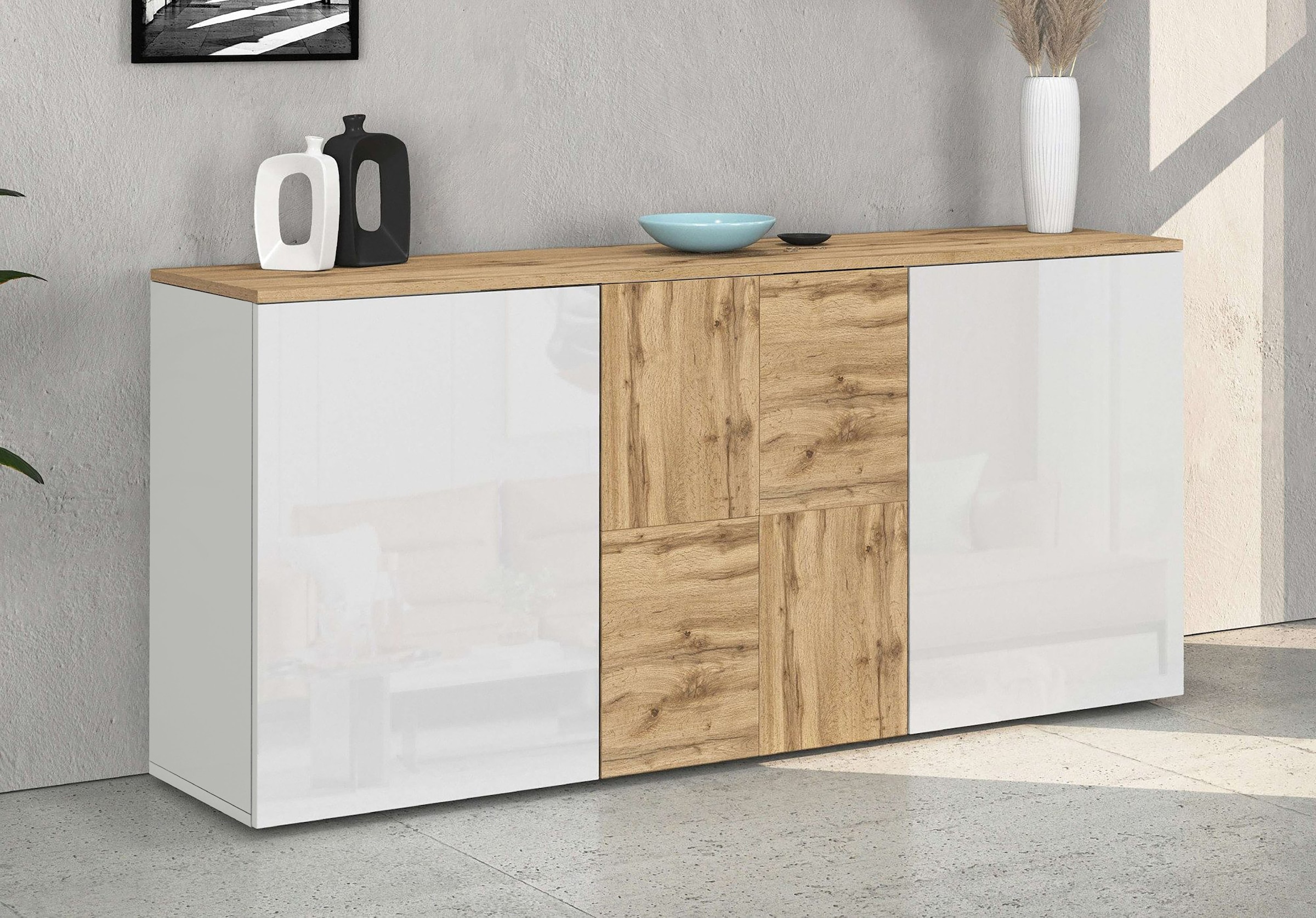 OTTO home Sideboard »ISEO, Kommode, Schrank, Sideboard, Lowboard, 6 Fächer, Breite 150 cm« 1 Stk. tlg. stehend/hängend, 3 Türen Hochglanz lackiert, Made in Italy