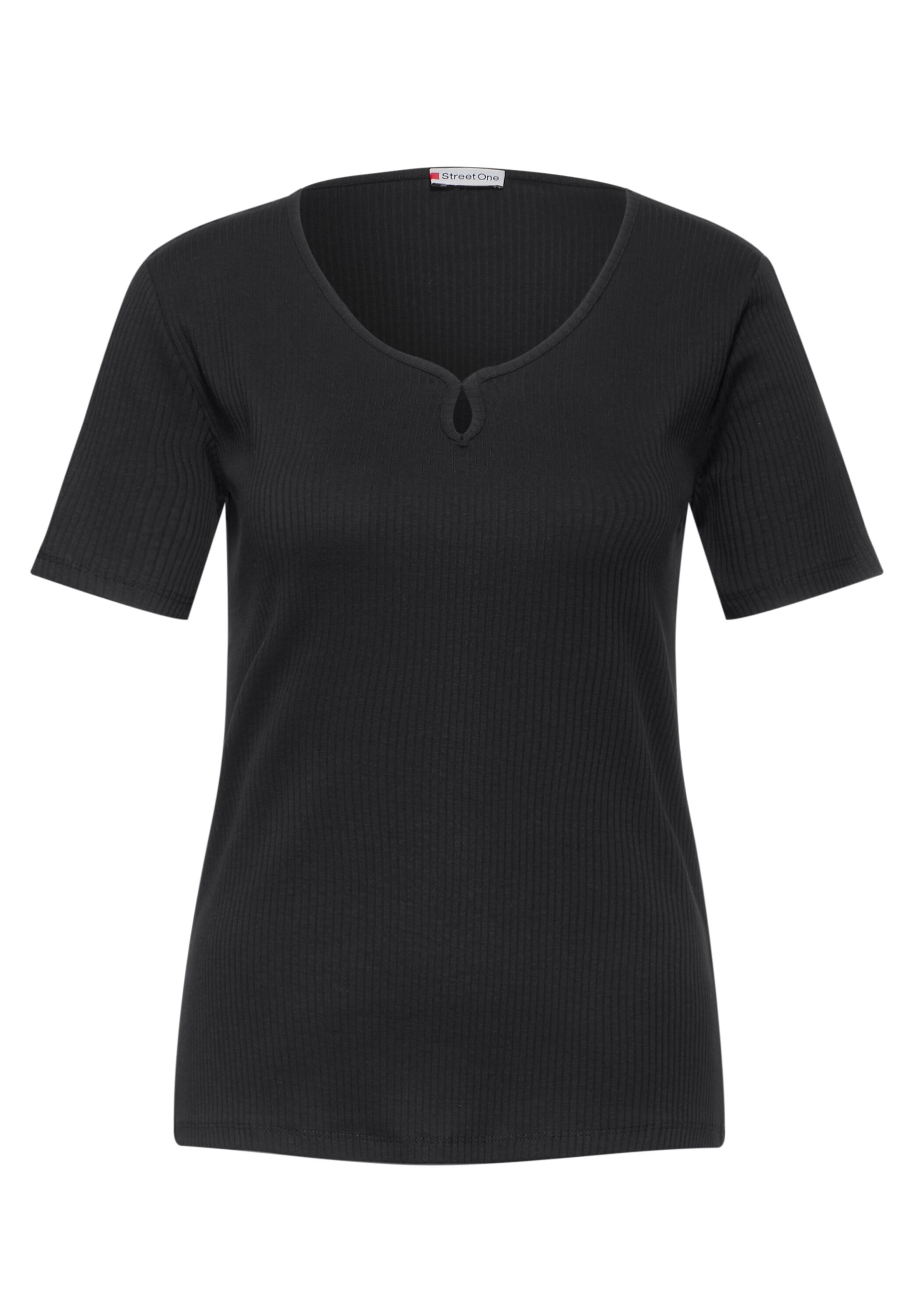 STREET ONE Kurzarmshirt, Rippoptik und V-Ausschnitt mit Schlitz