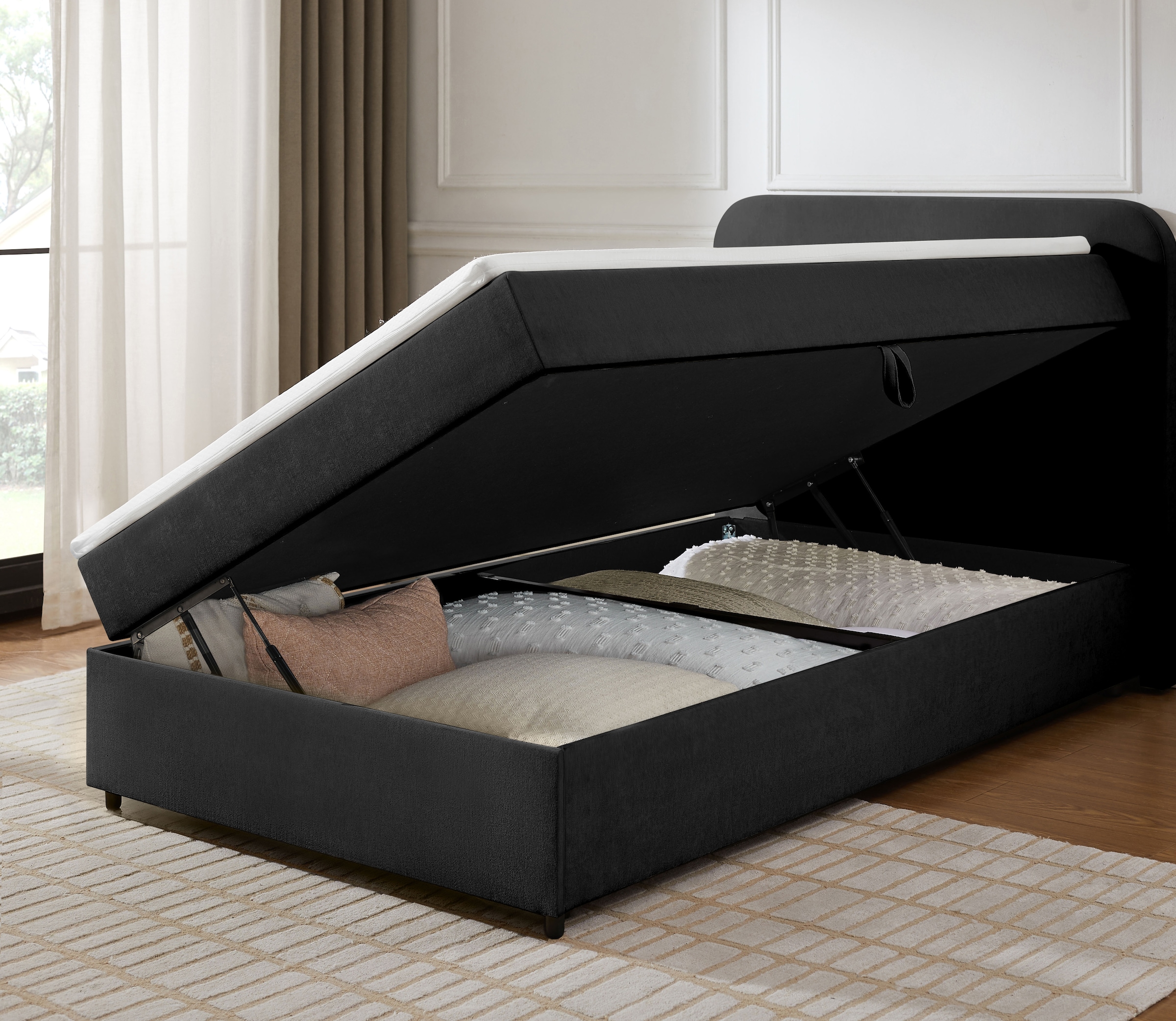 Home affaire Boxbett »AMRUM, Polsterbett mit Bettkasten, inkl. Taschenfederkernmatratze H3« mit Kaltschaumtopper, Chenille-Bezug, 120x200 & 180x200 cm