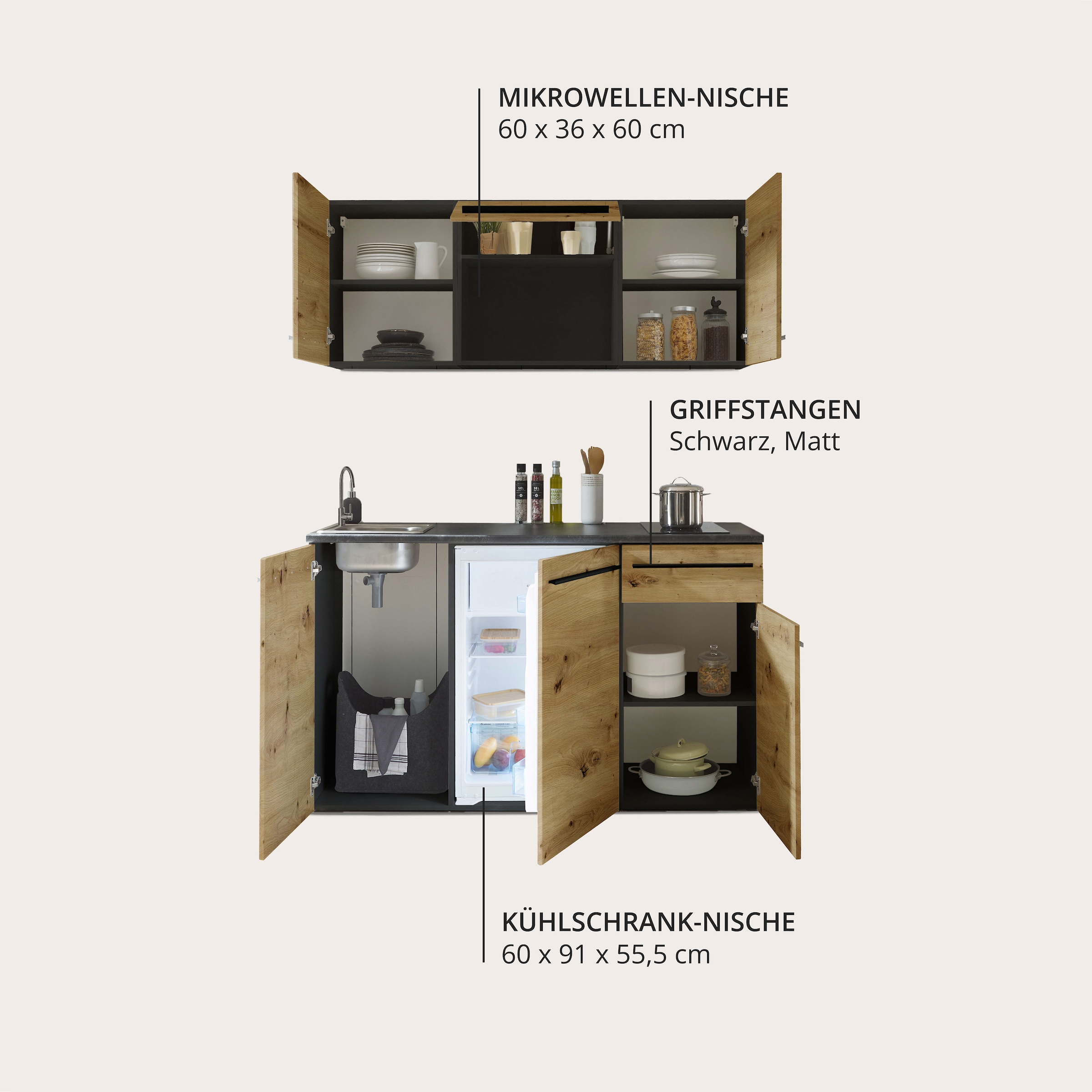 BASIC by Balculina Küchenzeile »Jazz Singleküche«, Breite 160 cm, mit und ohne Geräte lieferbar