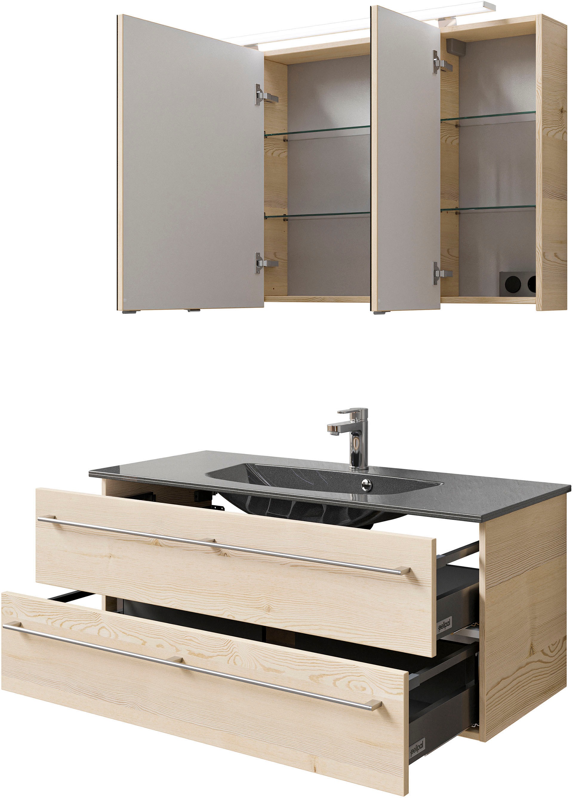 Saphir Badmöbel-Set »Serie 6025 2-teilig Mineralmarmor-Waschtisch mit LED-Spiegelschrank«, (2 St.), Waschplatz 117cm breit, 2 Schubladen, 3 Spiegel-Türen, inkl Türdämpfer