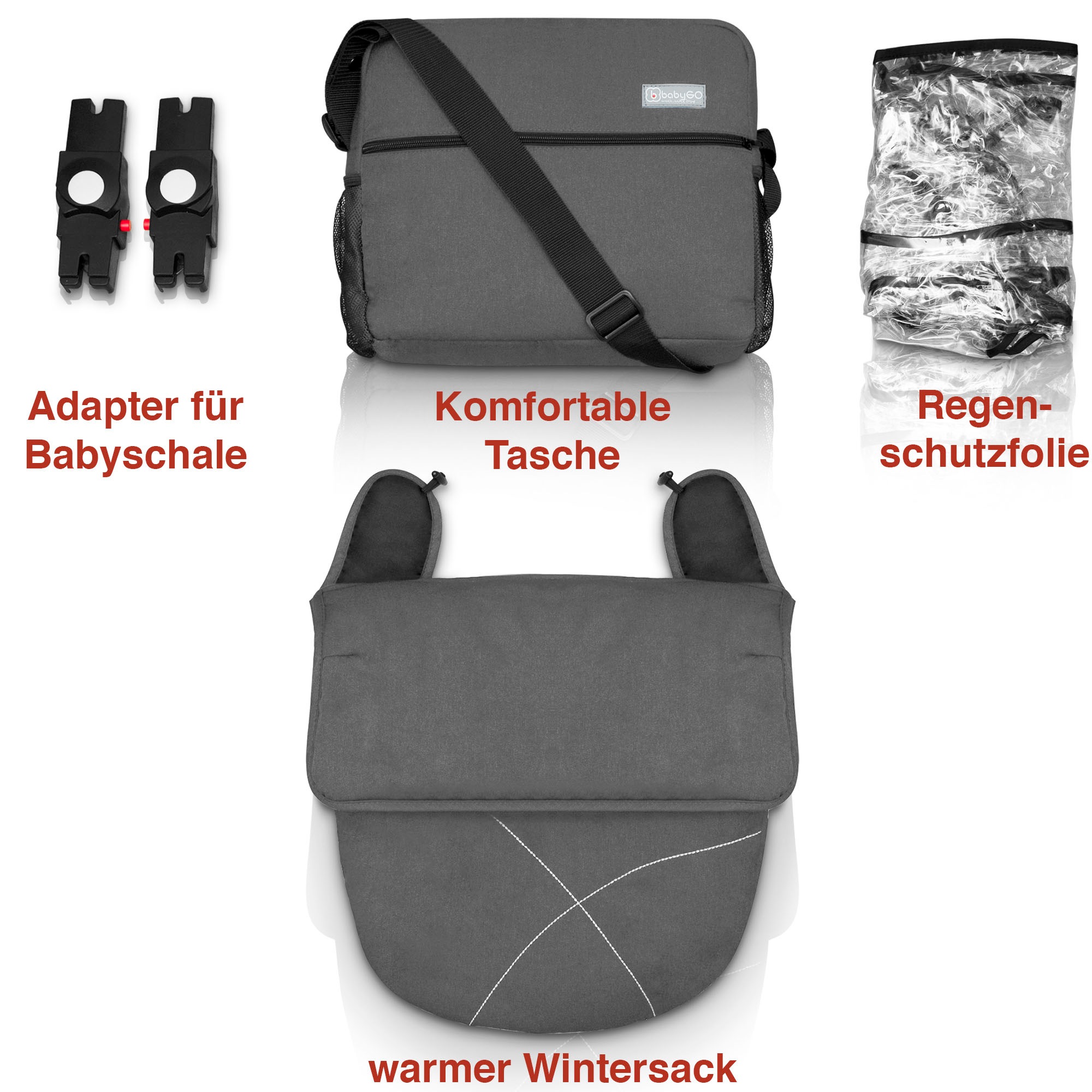BabyGo Kombi-Kinderwagen »Halime 3in1«, inklusive Babywanne, Babyschale, Regenhaube & Wickeltasche