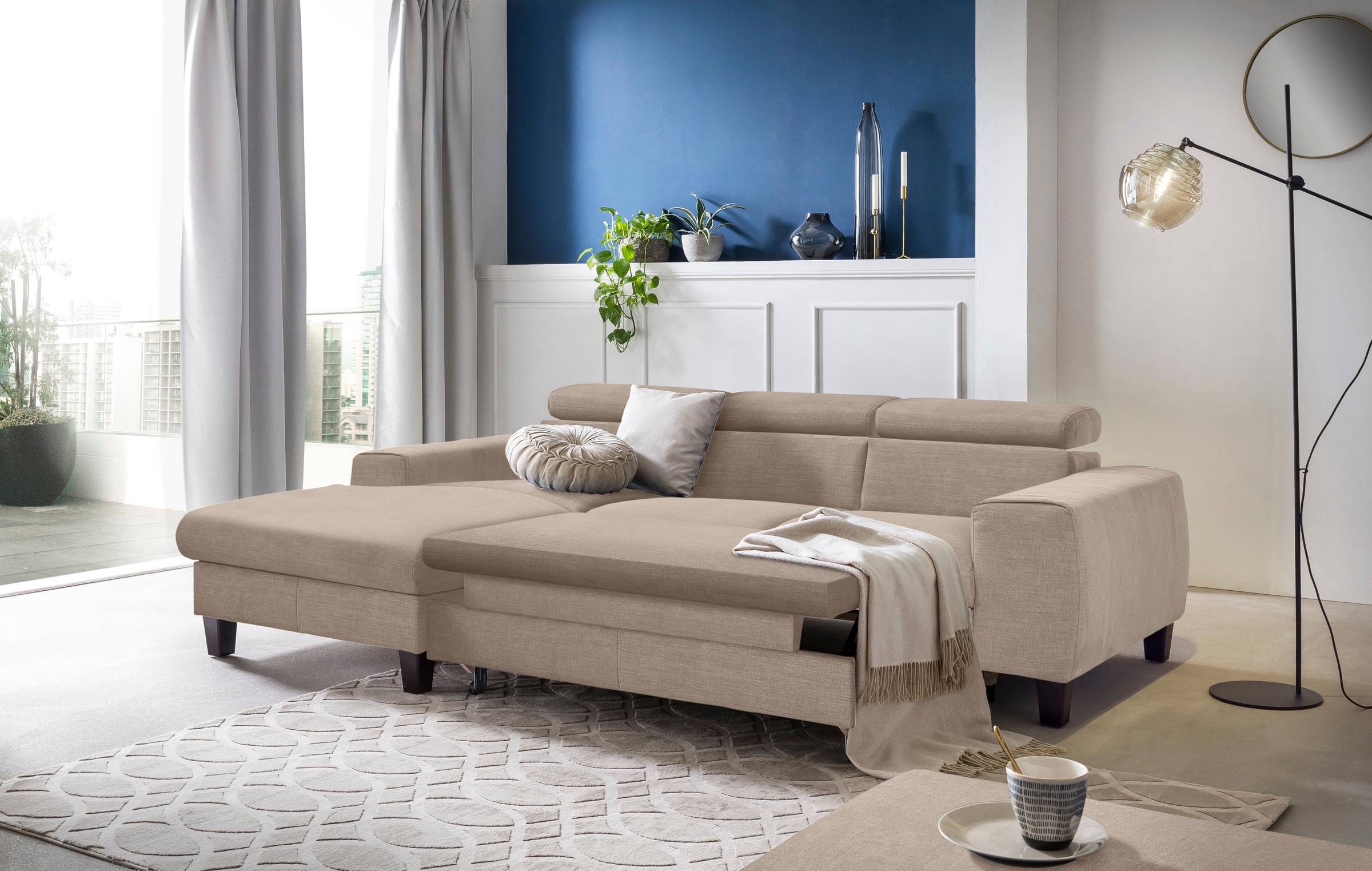 COTTA Ecksofa »Morven L-Form mit Kopfteilverstellung«, wahlweise mit Bettfunktion, Bettkasten & Wireless-Charger