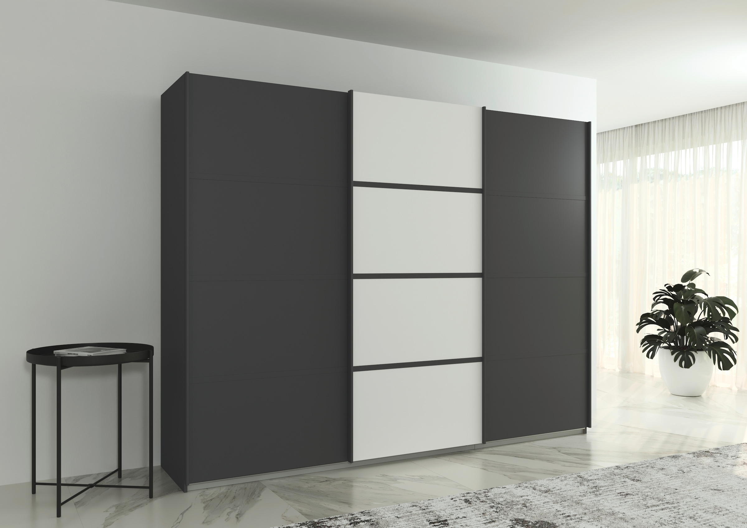 rauch Kleiderschrank »Schwebetürenschrank OTTO´s Choice Garderobe Schrank TOP ANGEBOT Avola«, (in 3 verschiedenen Ausstattungen BASIC/CLASSIC/PREMIUM), mit eleganten Zierleisten in Chrom, Schwarz oder Weiß MADE IN GERMANY