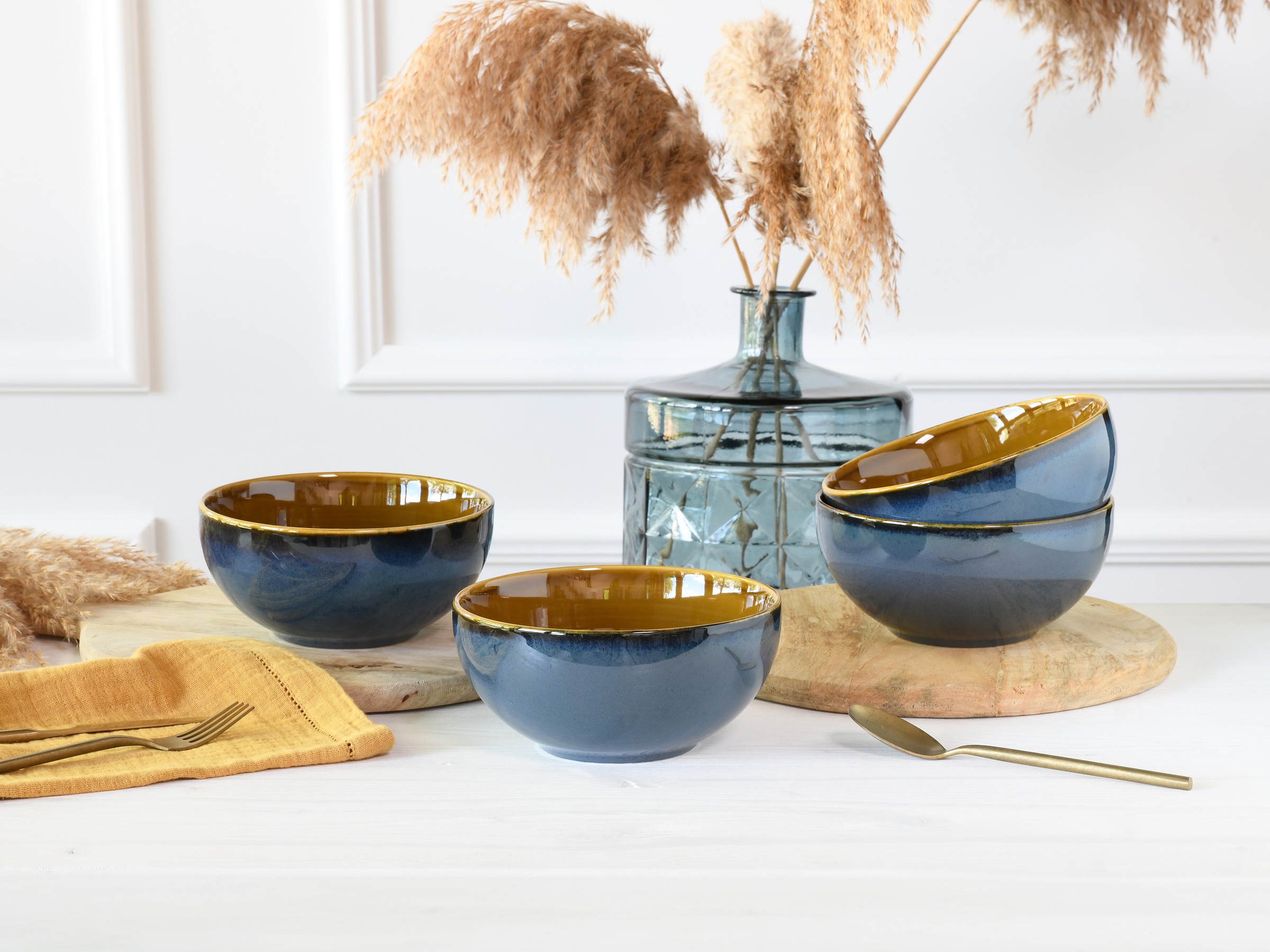 CreaTable Schale »Mallorca, Buddha Bowl 4-tlg«, 4 tlg., aus Steinzeug, Spezialglasur mit Vintage Außenrand