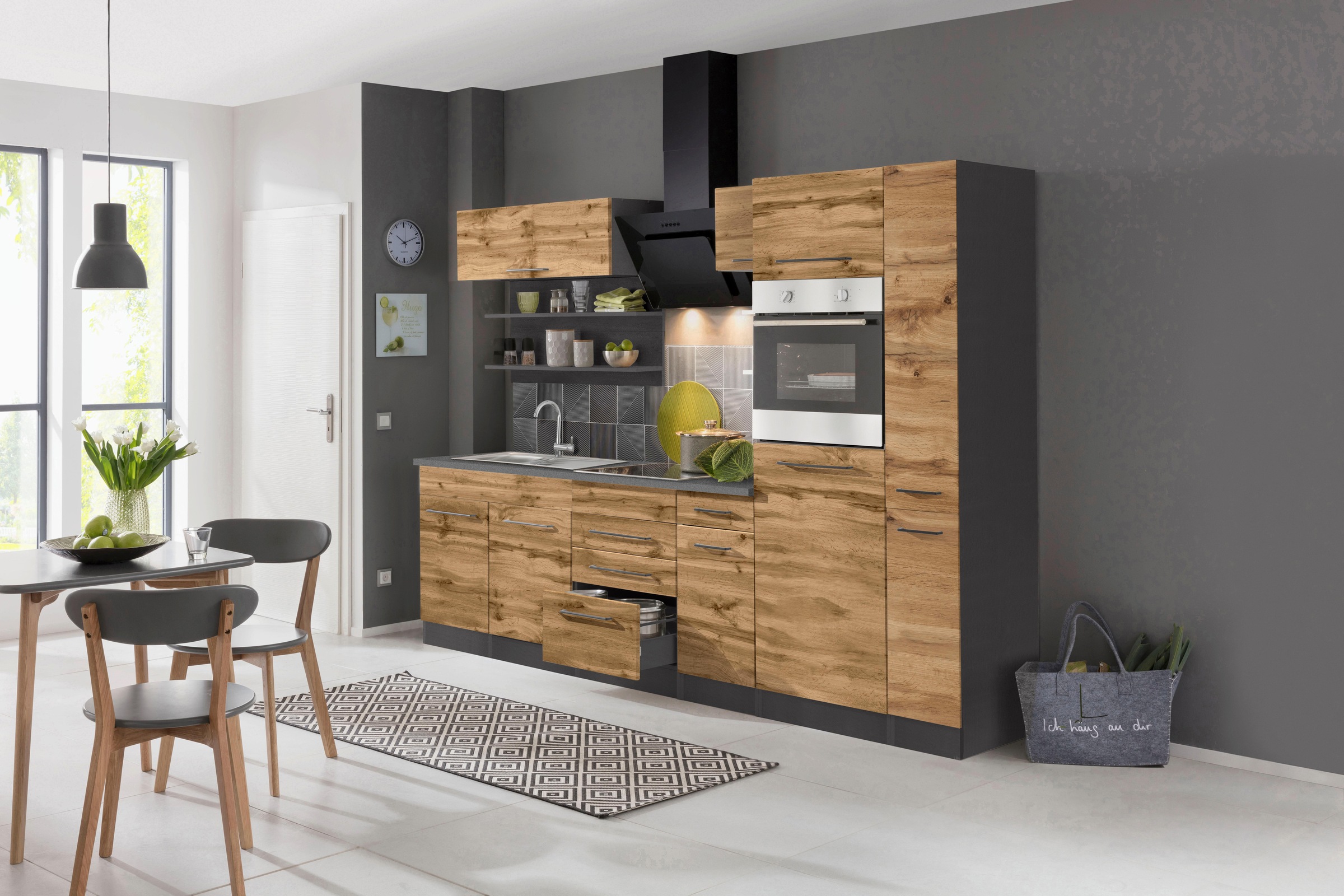 KOCHSTATION Küchenzeile »KS-Tulsa«, ohne E-Geräte, Breite 300 cm, schwarze Metallgriffe, MDF Fronten