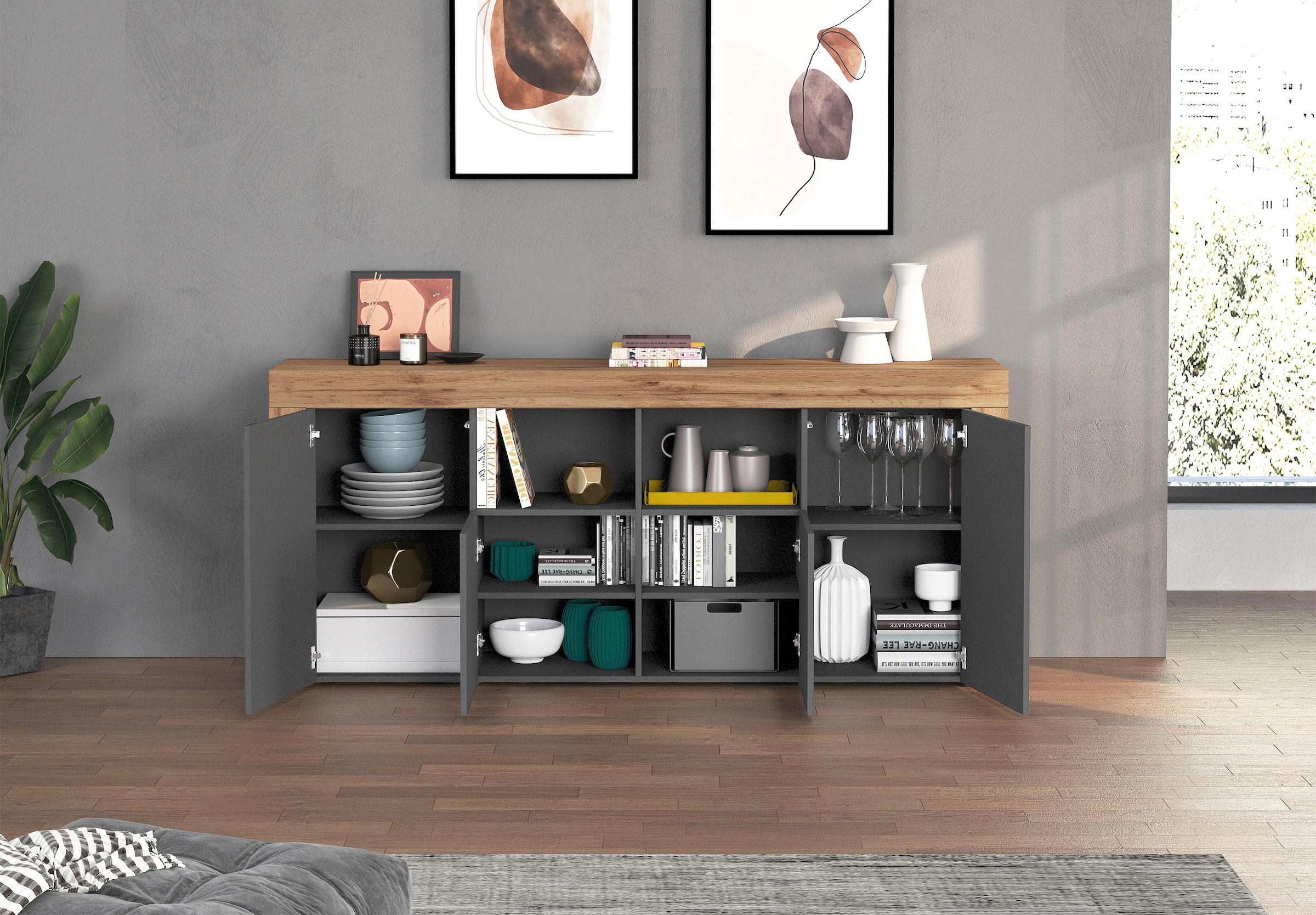 INOSIGN Sideboard »CHRONOS Breite 200 cm mit 4 Türen, 2 offene und 8 geschlossene Fächer«, (1 St.), Sideboard,Kommode, Schrank, Grifflos mit Push to Open, Made in Italy