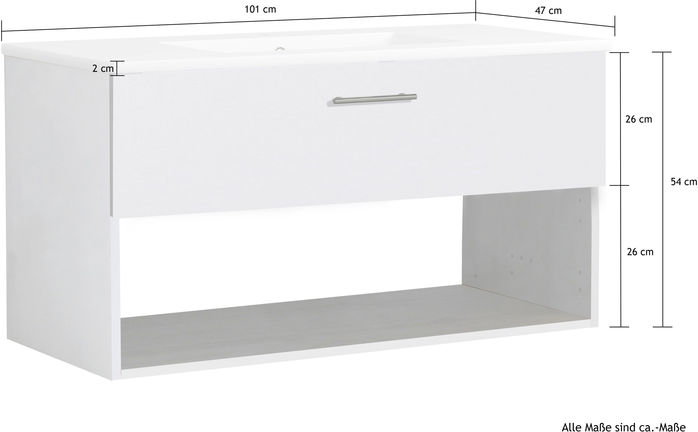 welltime Waschtisch »Trento Light mit Keramik-Auflagebecken«, 1 Auzug und 1 offenes Fach, Breite: 101cm, Weiß
