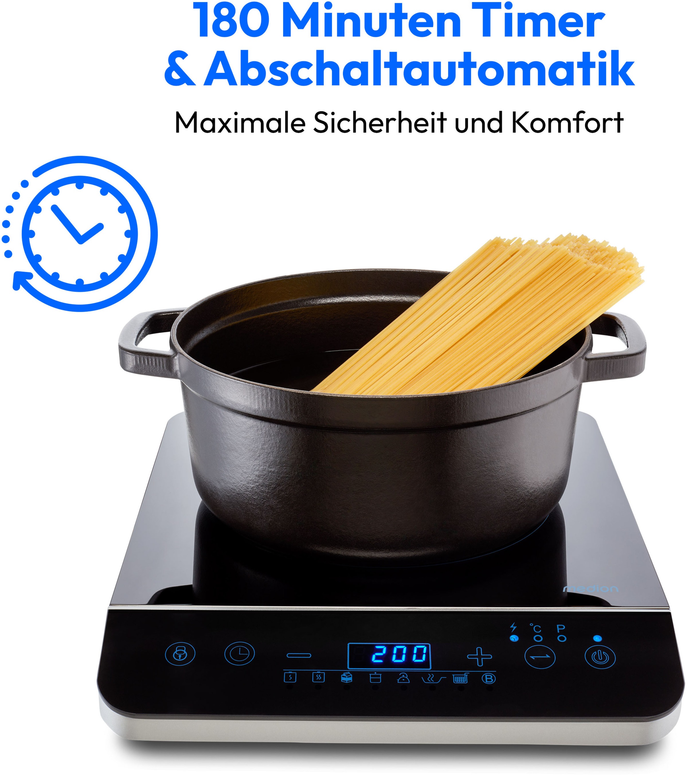 Medion® Einzel-Induktionskochplatte »MD 17595, 2000 W Induktionsleistung, automatische Topferkennung, Timer«, Temperaturbereich 60 - 240°, Sensor-Touch-Display, 10 Leistungsstufen