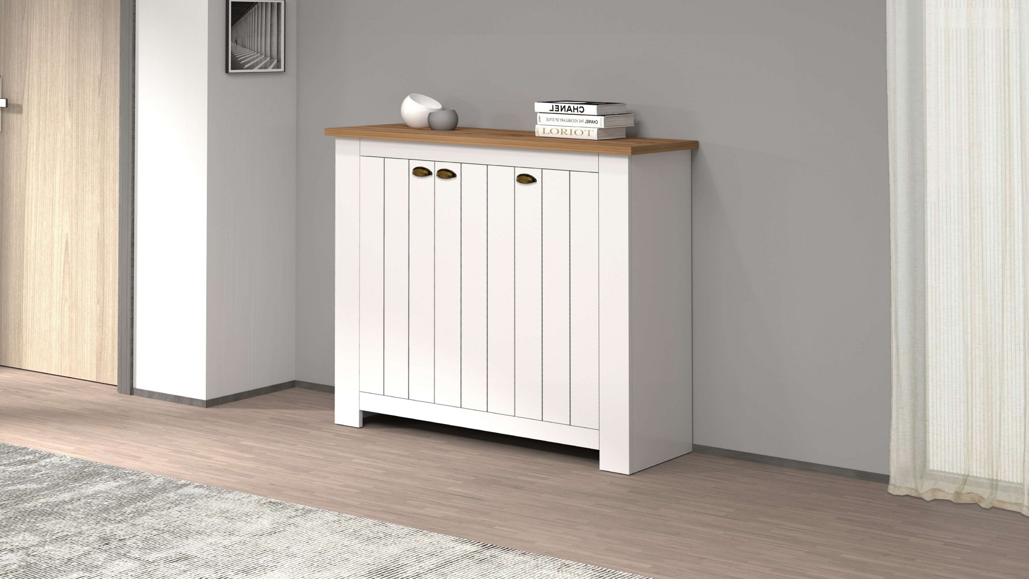 INOSIGN Schuhschrank »FIGO, Made in Italy – Schuhkommode,Schuhregal für ca. 30 Paar Schuhe«, (1 St.), 3-Türig, Siebdruck-dekorative Fräsungen, 10 Fächer, Höhe: 100 cm